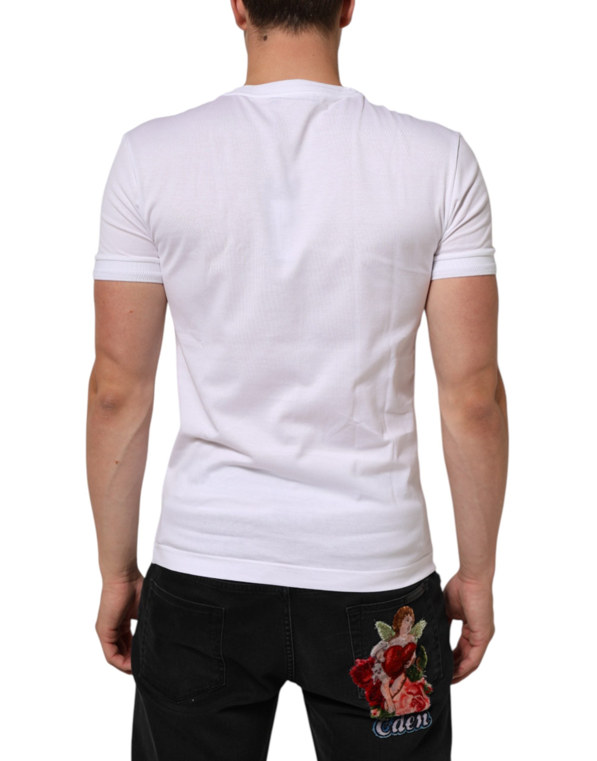 Dolce & Gabbana White Logo Patch Cotton Crew Neck Men's T-shirt