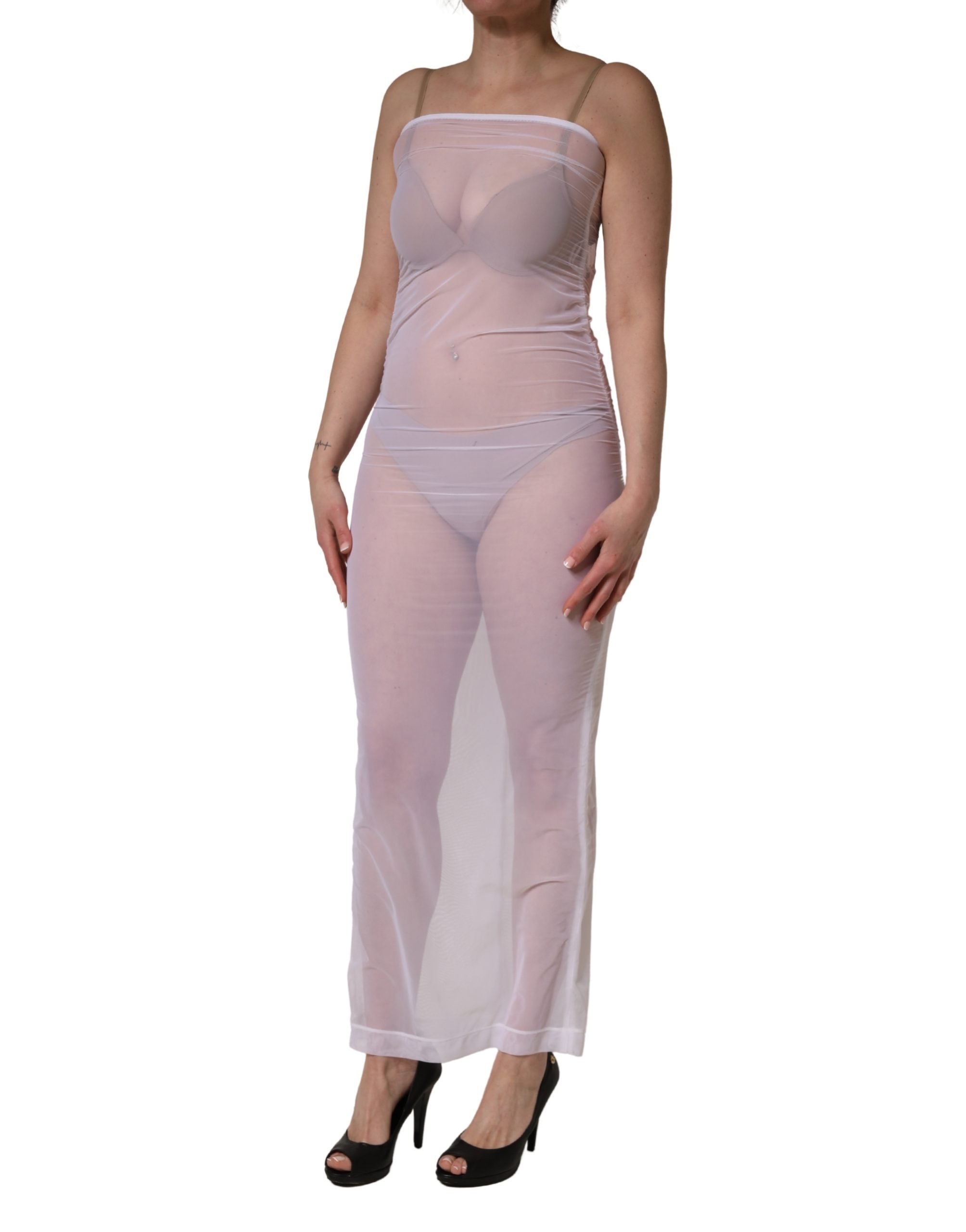 Dolce & Gabbana White Sheer Nylon Stretch Sheath Maxi Women's Dress
