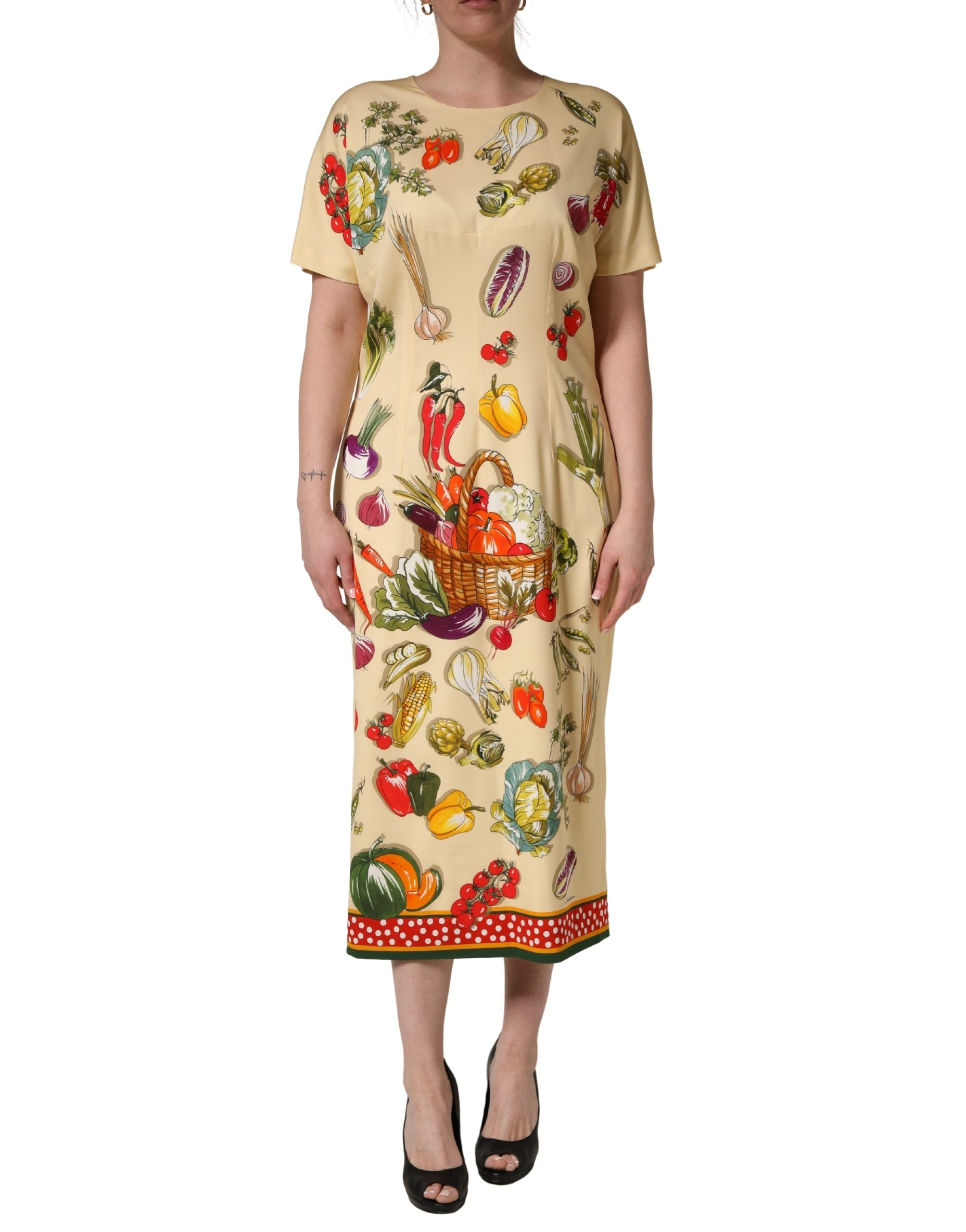 Dolce & Gabbana Beige Fruit PolkaDot Sheath Silk Midi Women's Dress