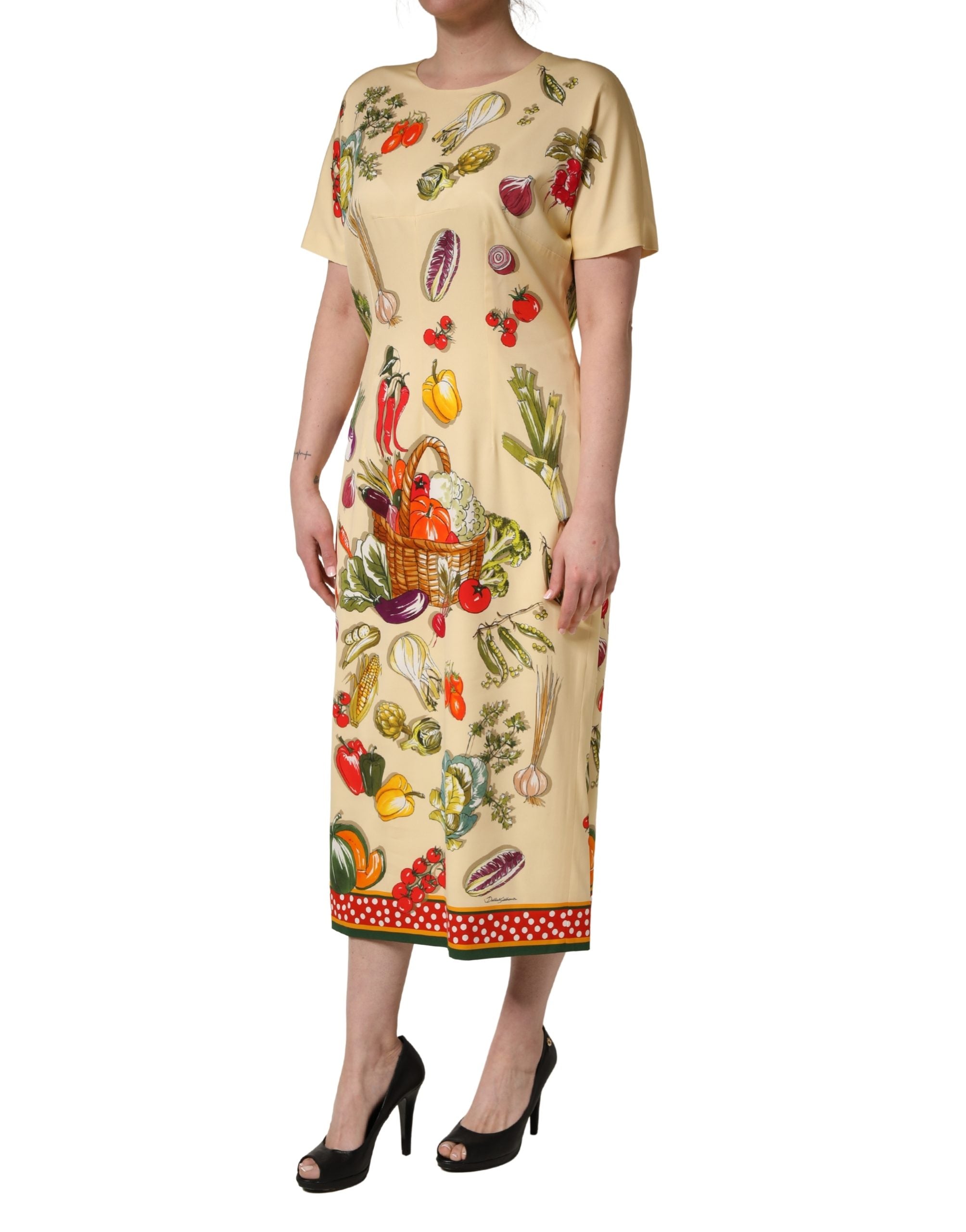 Dolce & Gabbana Beige Fruit PolkaDot Sheath Silk Midi Women's Dress