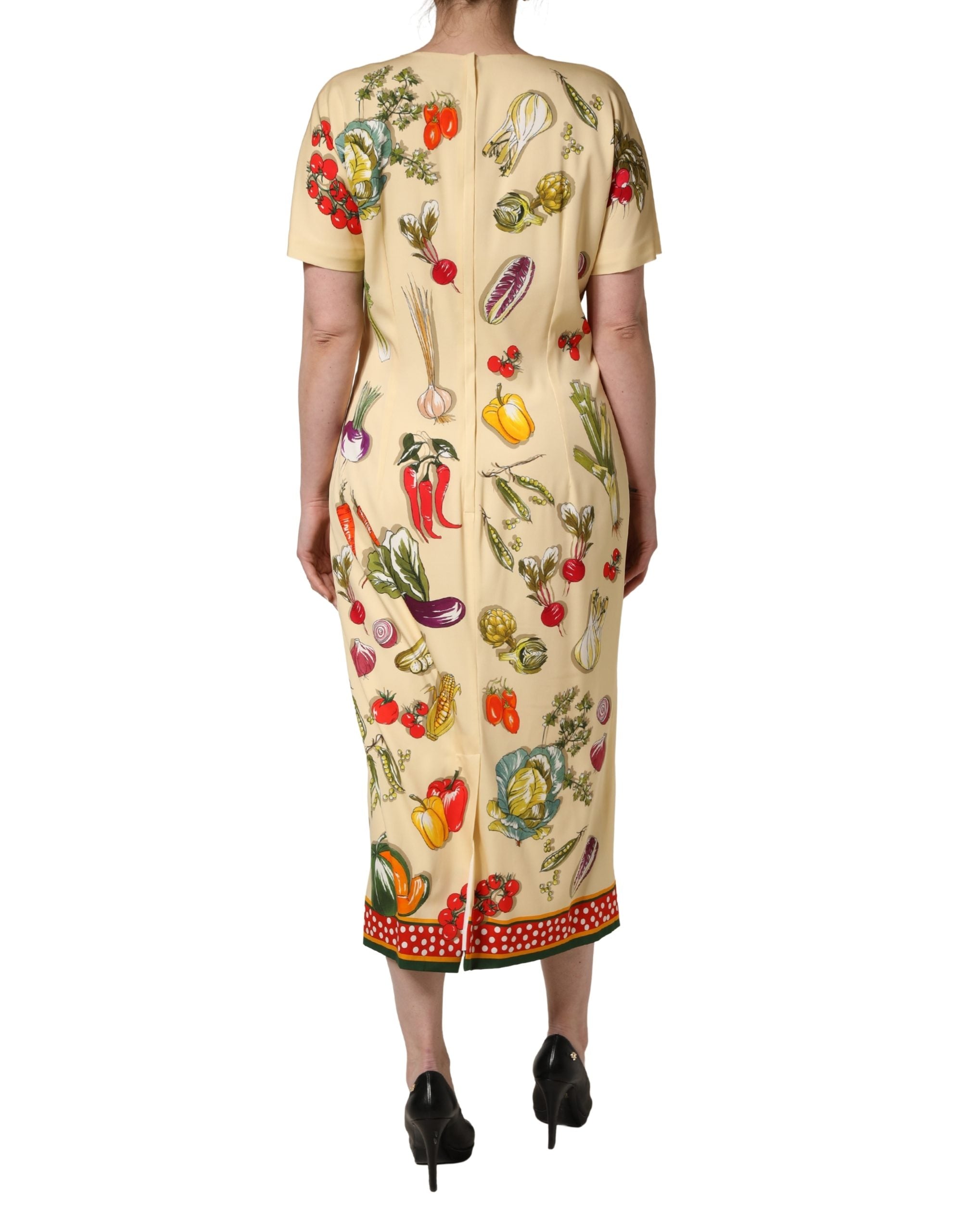 Dolce & Gabbana Beige Fruit PolkaDot Sheath Silk Midi Women's Dress