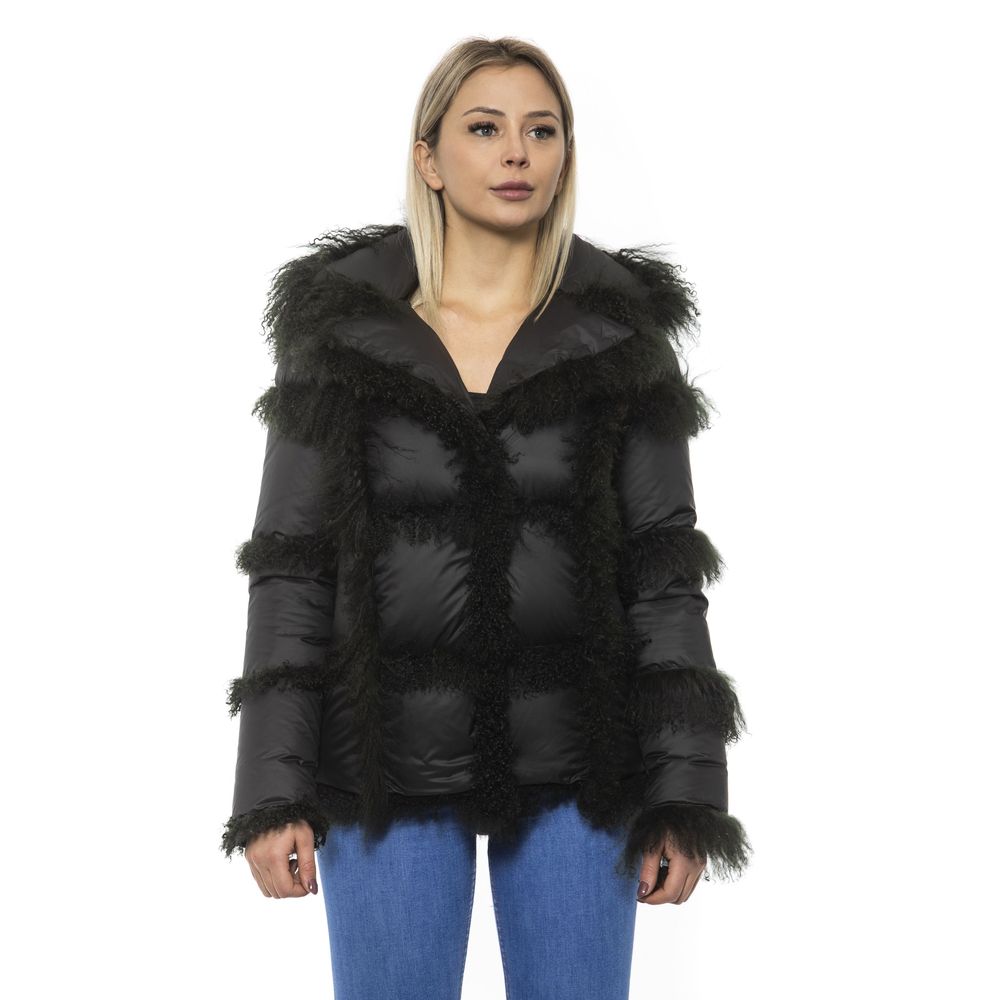 Mr&Mrs Italy Black Poly Jacket with Lamb Fur Hood for Women's Women