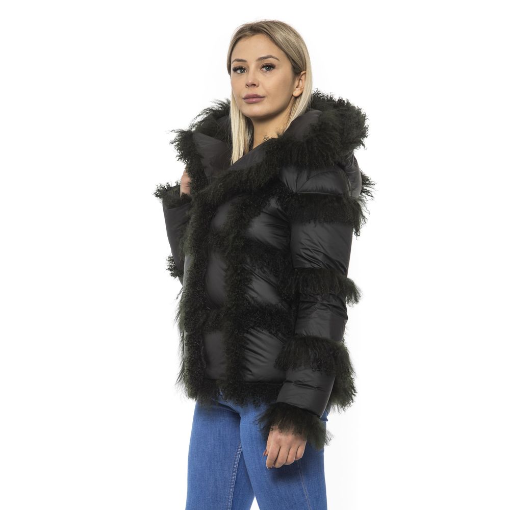 Mr&Mrs Italy Black Poly Jacket with Lamb Fur Hood for Women's Women