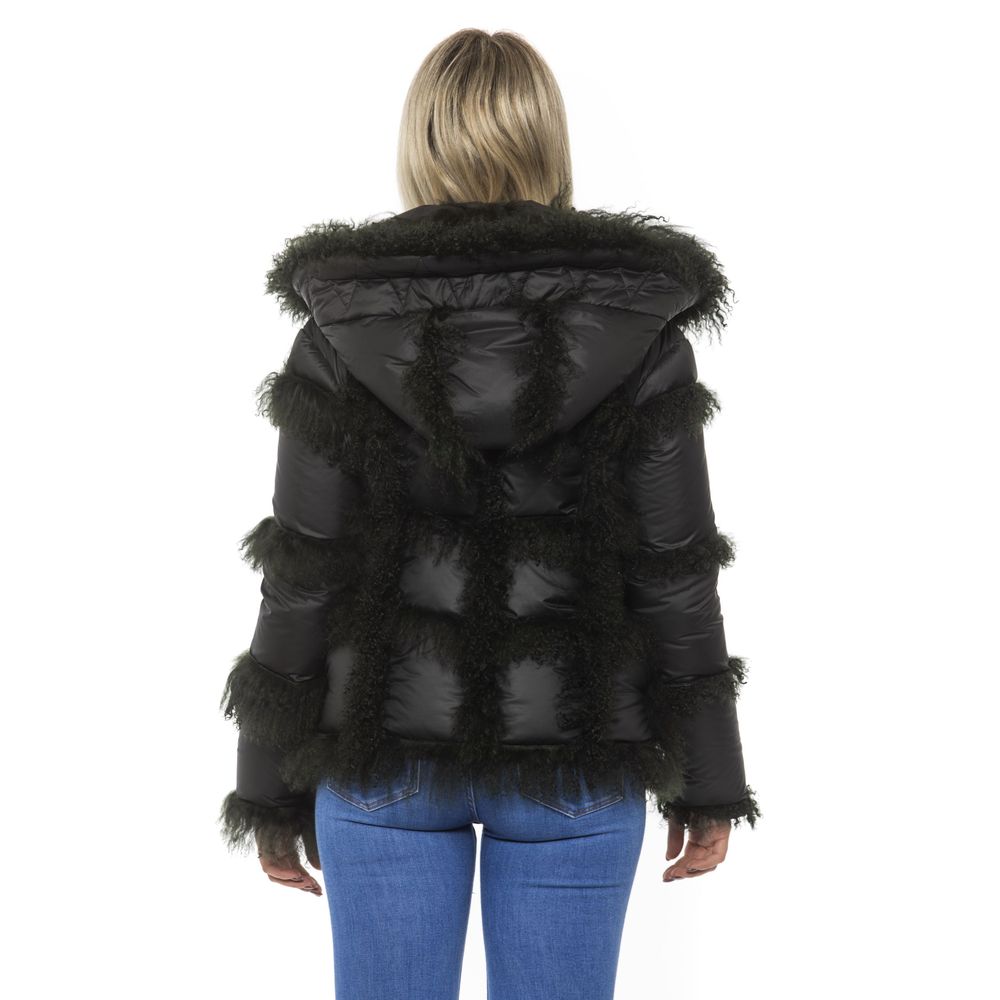 Mr&Mrs Italy Black Poly Jacket with Lamb Fur Hood for Women's Women