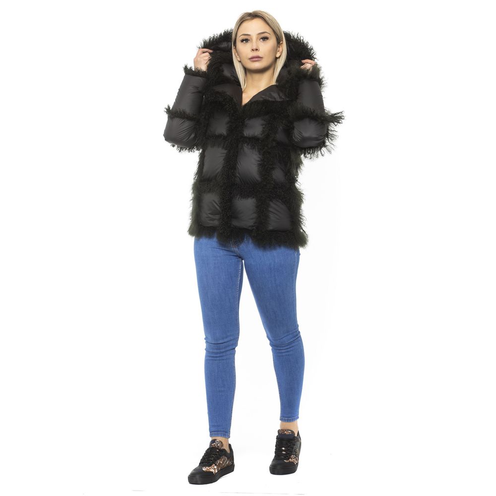 Mr&Mrs Italy Black Poly Jacket with Lamb Fur Hood for Women's Women