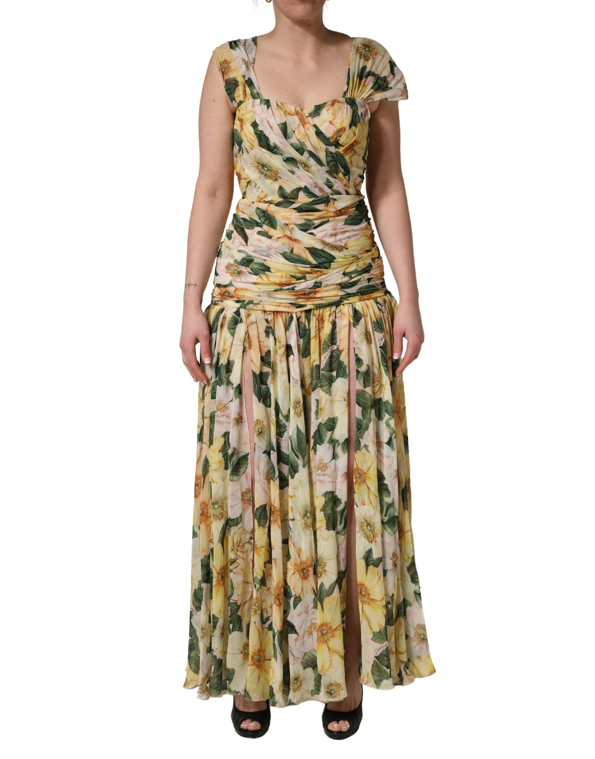 Dolce & Gabbana Yellow Silk Floral Print Pleated Maxi Women's Dress (Pre-Owned)