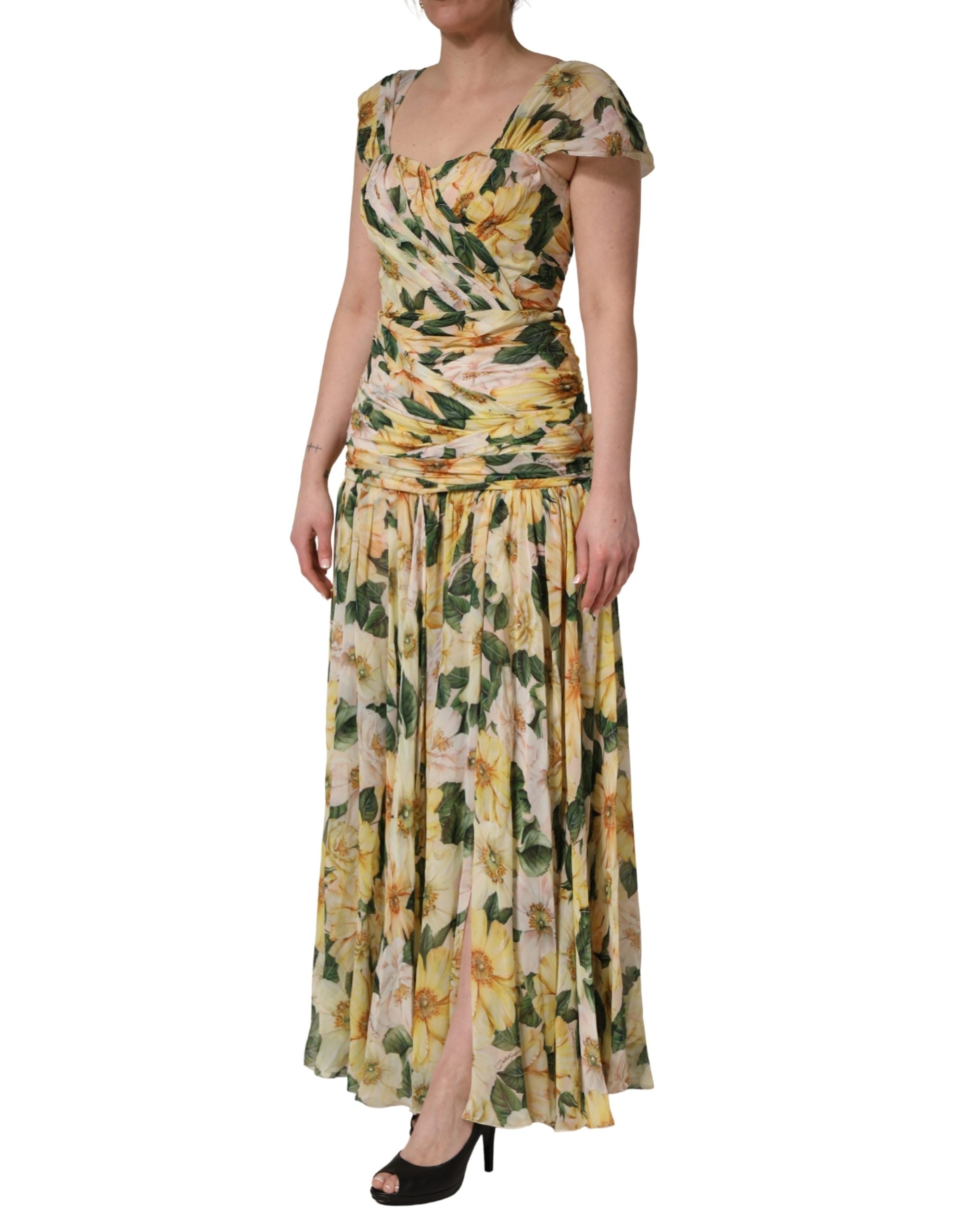 Dolce & Gabbana Yellow Silk Floral Print Pleated Maxi Women's Dress (Pre-Owned)
