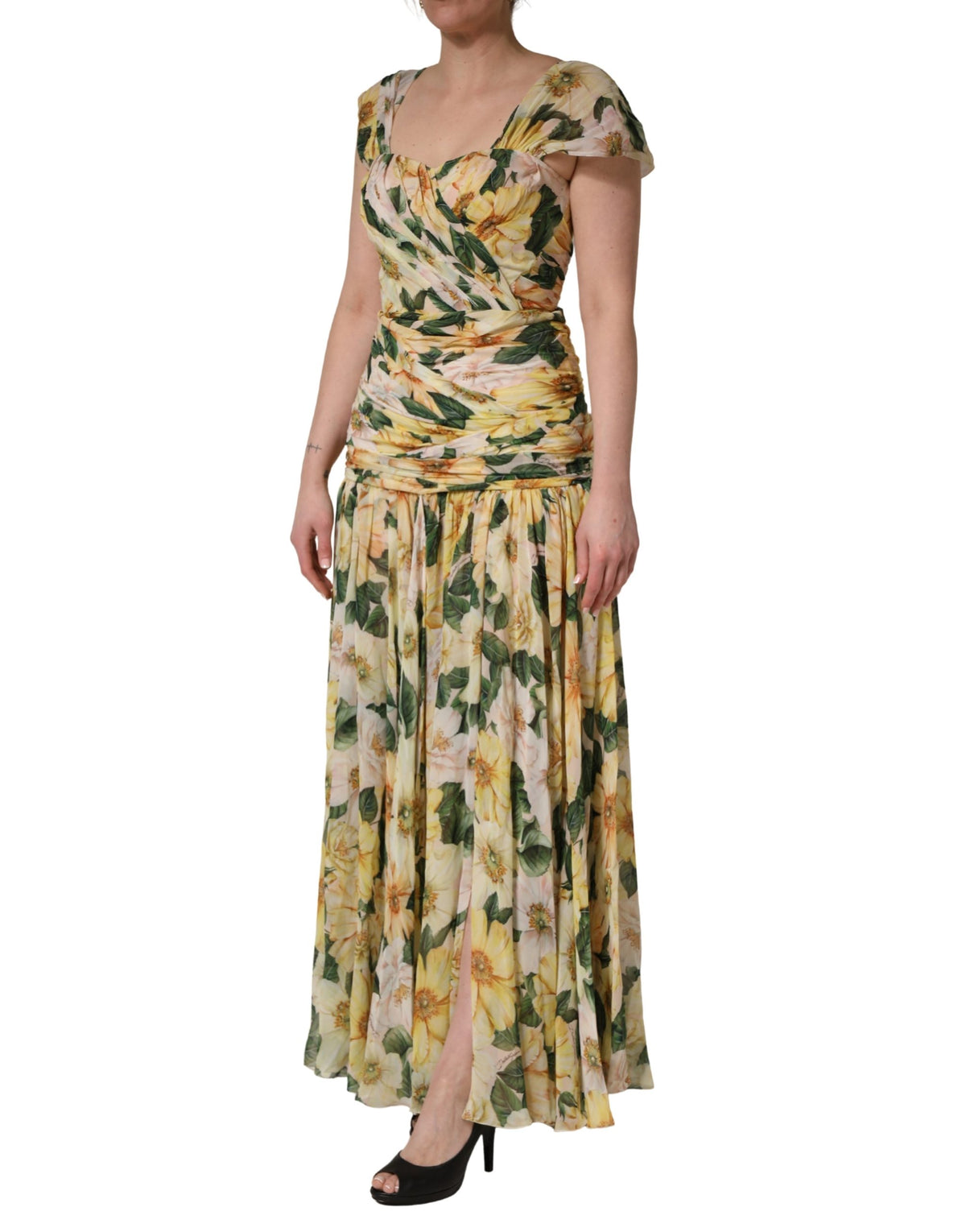 Dolce & Gabbana Yellow Silk Floral Print Pleated Maxi Women's Dress (Pre-Owned)