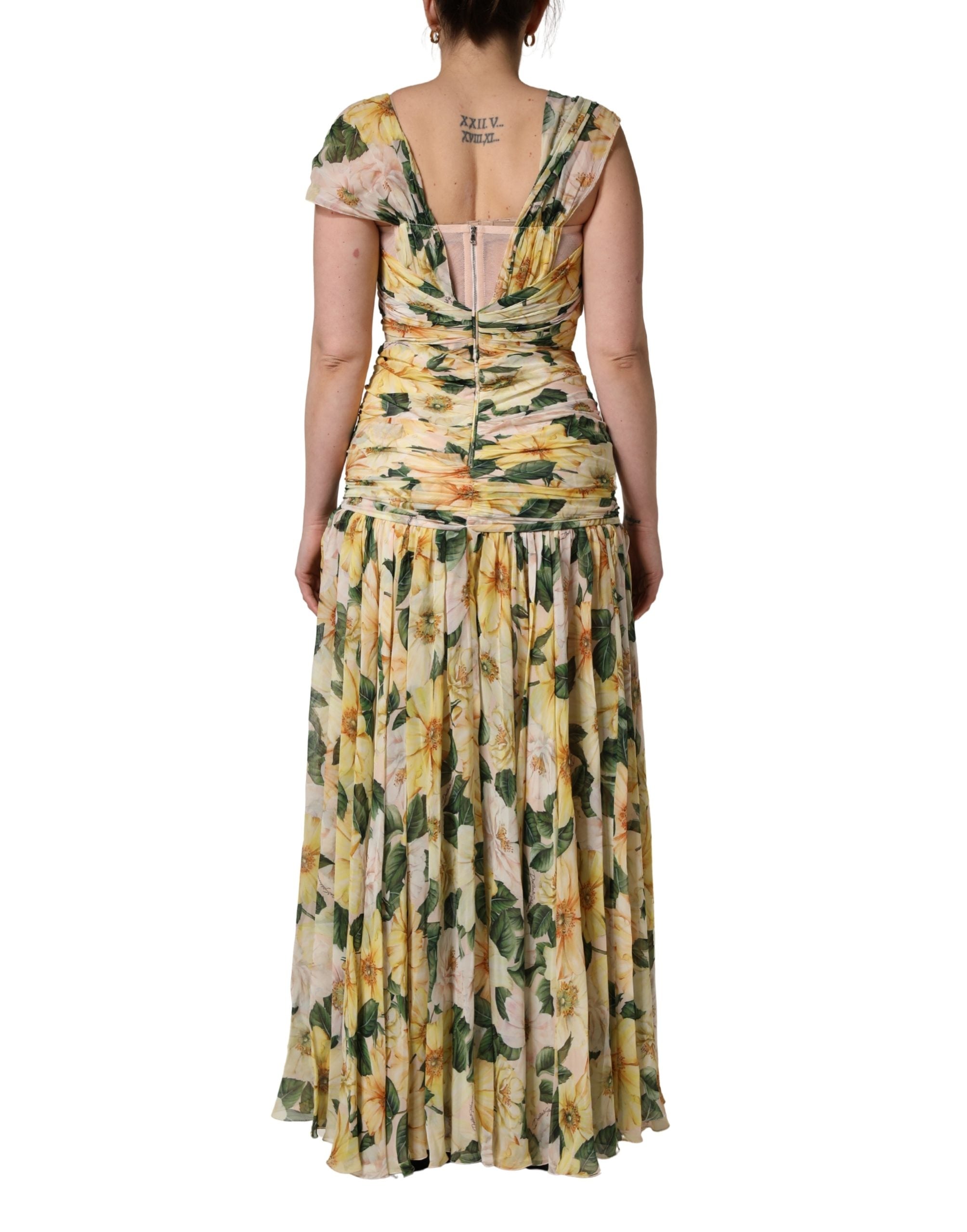 Dolce & Gabbana Yellow Silk Floral Print Pleated Maxi Women's Dress (Pre-Owned)