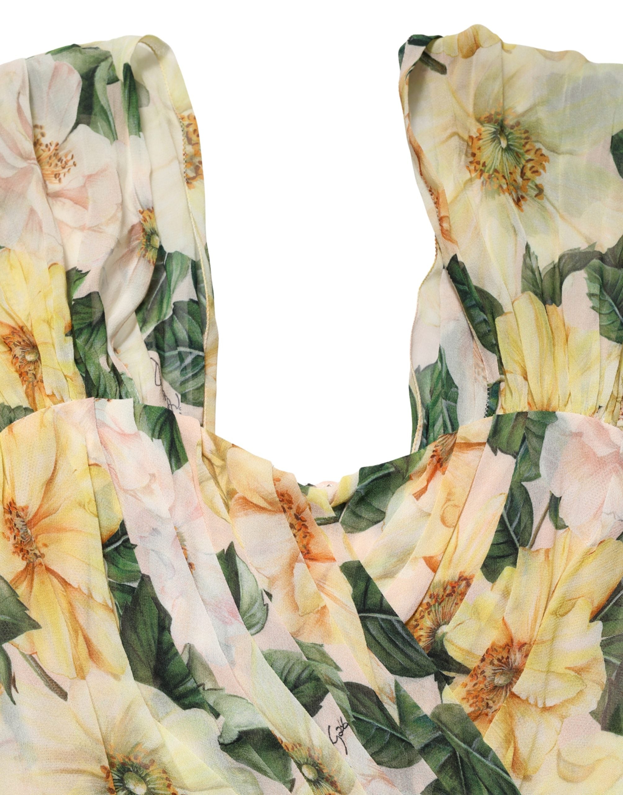 Dolce & Gabbana Yellow Silk Floral Print Pleated Maxi Women's Dress (Pre-Owned)