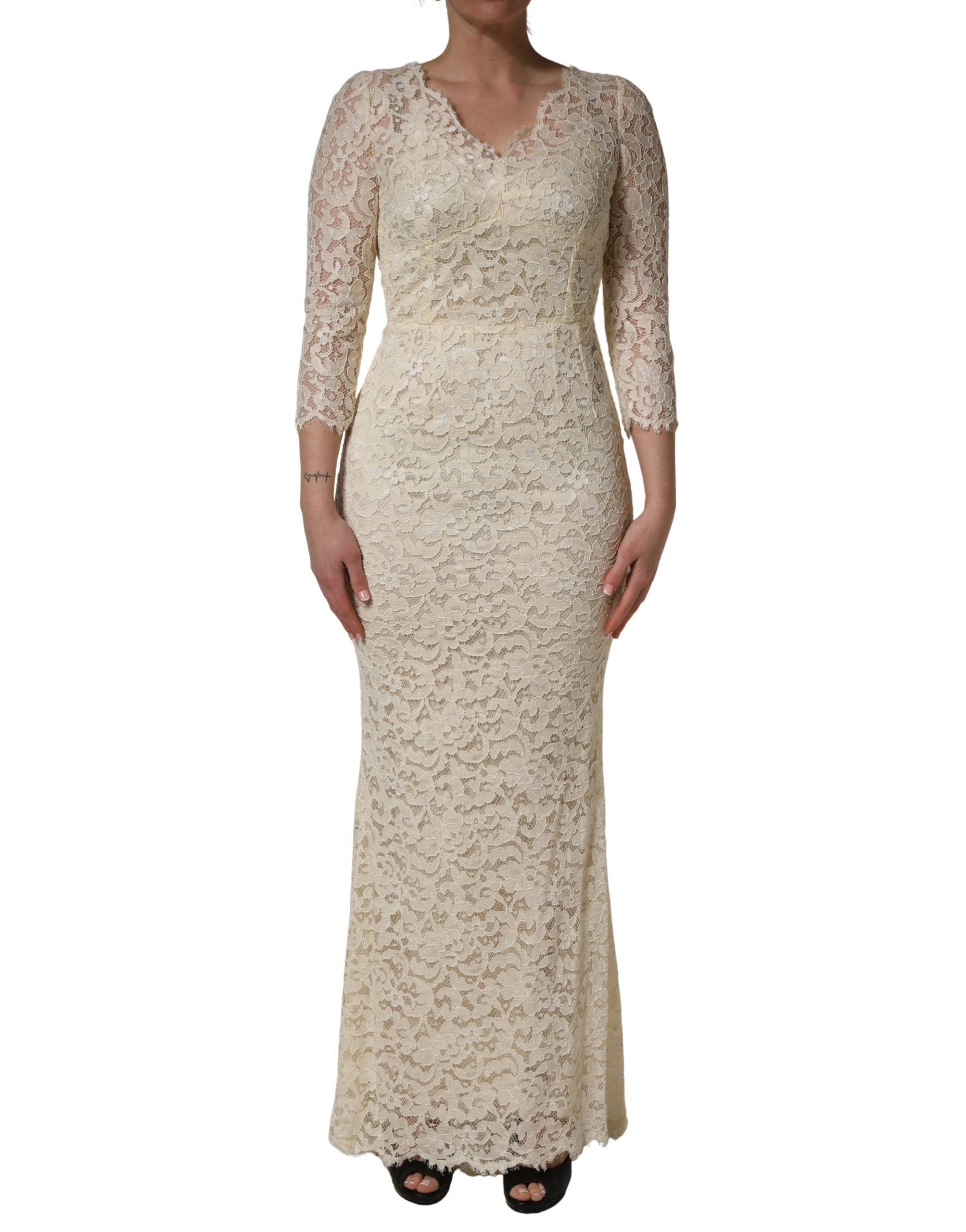 Dolce & Gabbana Off White Floral Lace Sheath Maxi Women's Dress
