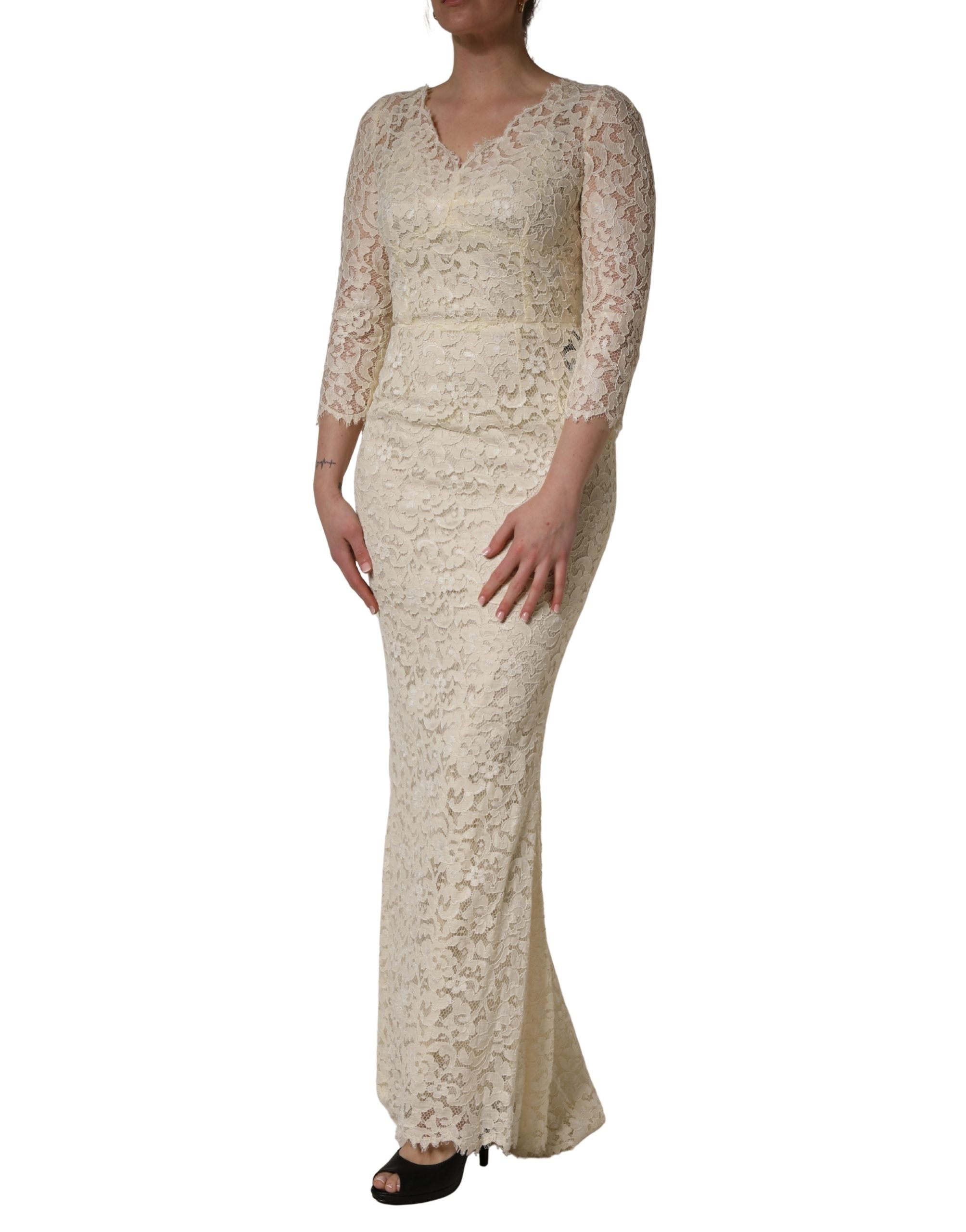 Dolce & Gabbana Off White Floral Lace Sheath Maxi Women's Dress