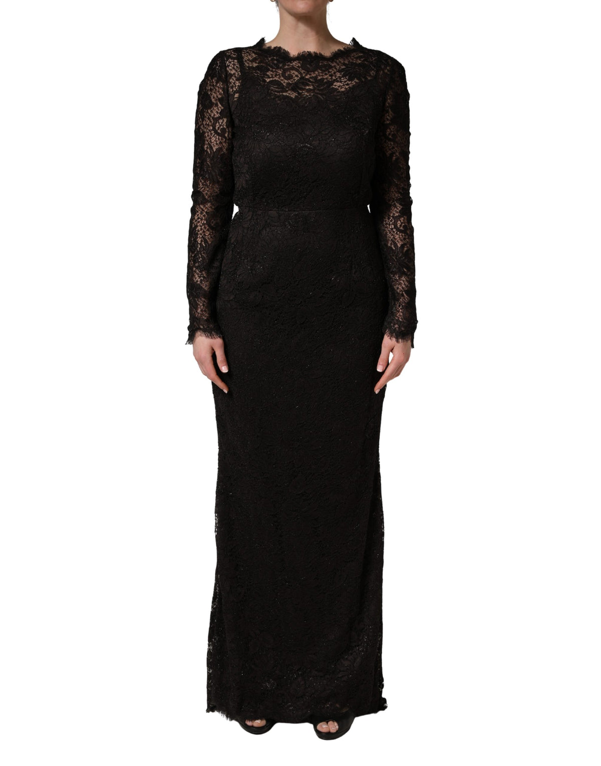 Dolce & Gabbana Black Floral Lace Sheath Long Maxi Women's Dress
