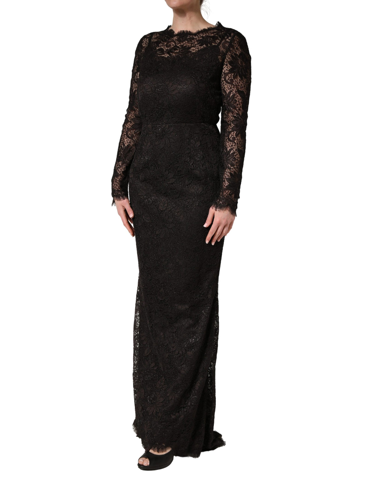 Dolce & Gabbana Black Floral Lace Sheath Long Maxi Women's Dress