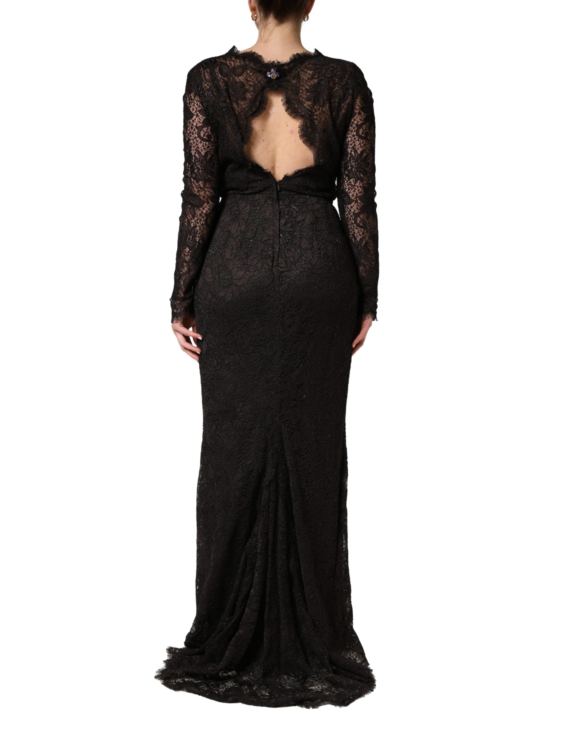 Dolce & Gabbana Black Floral Lace Sheath Long Maxi Women's Dress