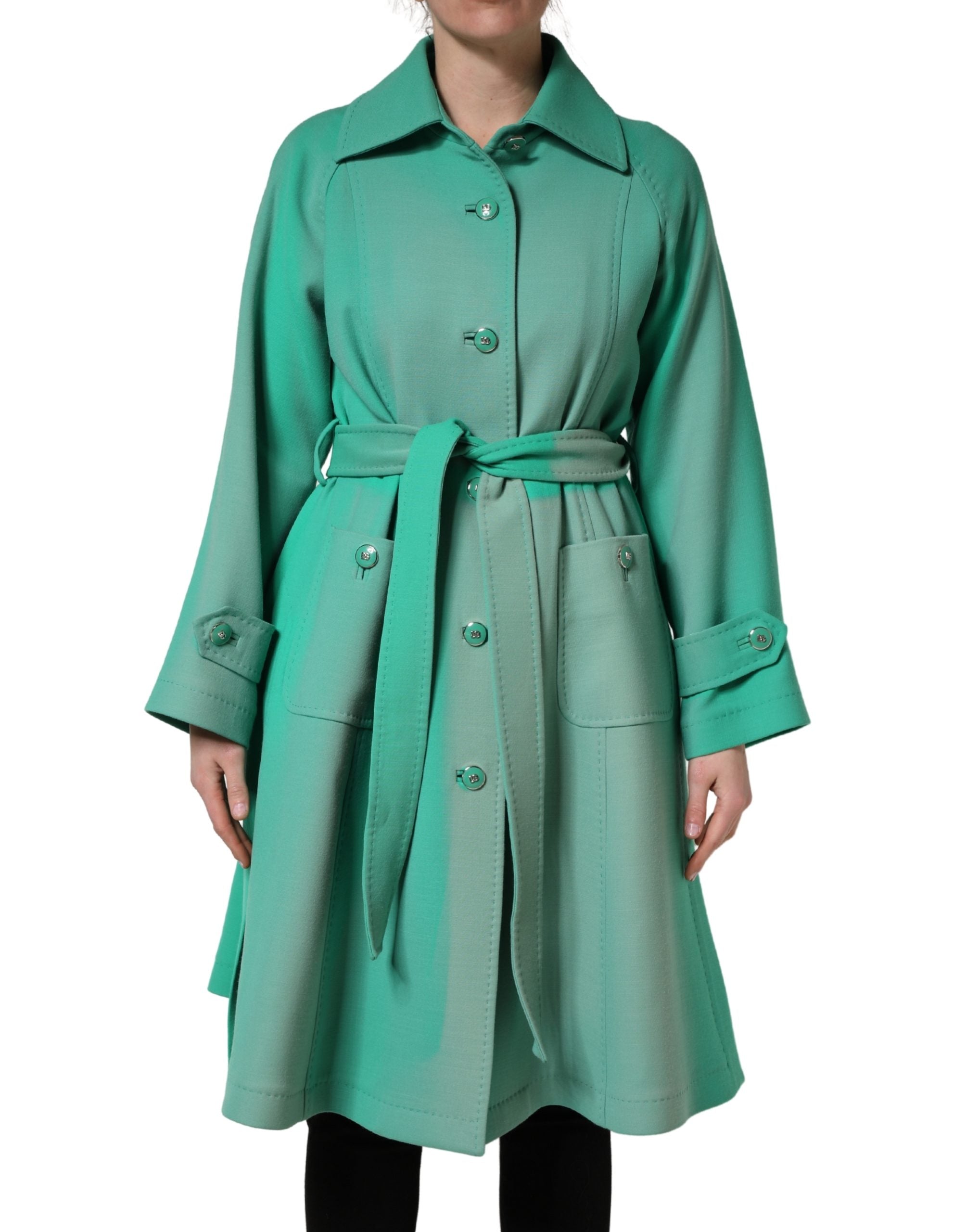 Dolce & Gabbana Green Buttoned Down Belt Trench Coat Women's Jacket (Pre-Owned)