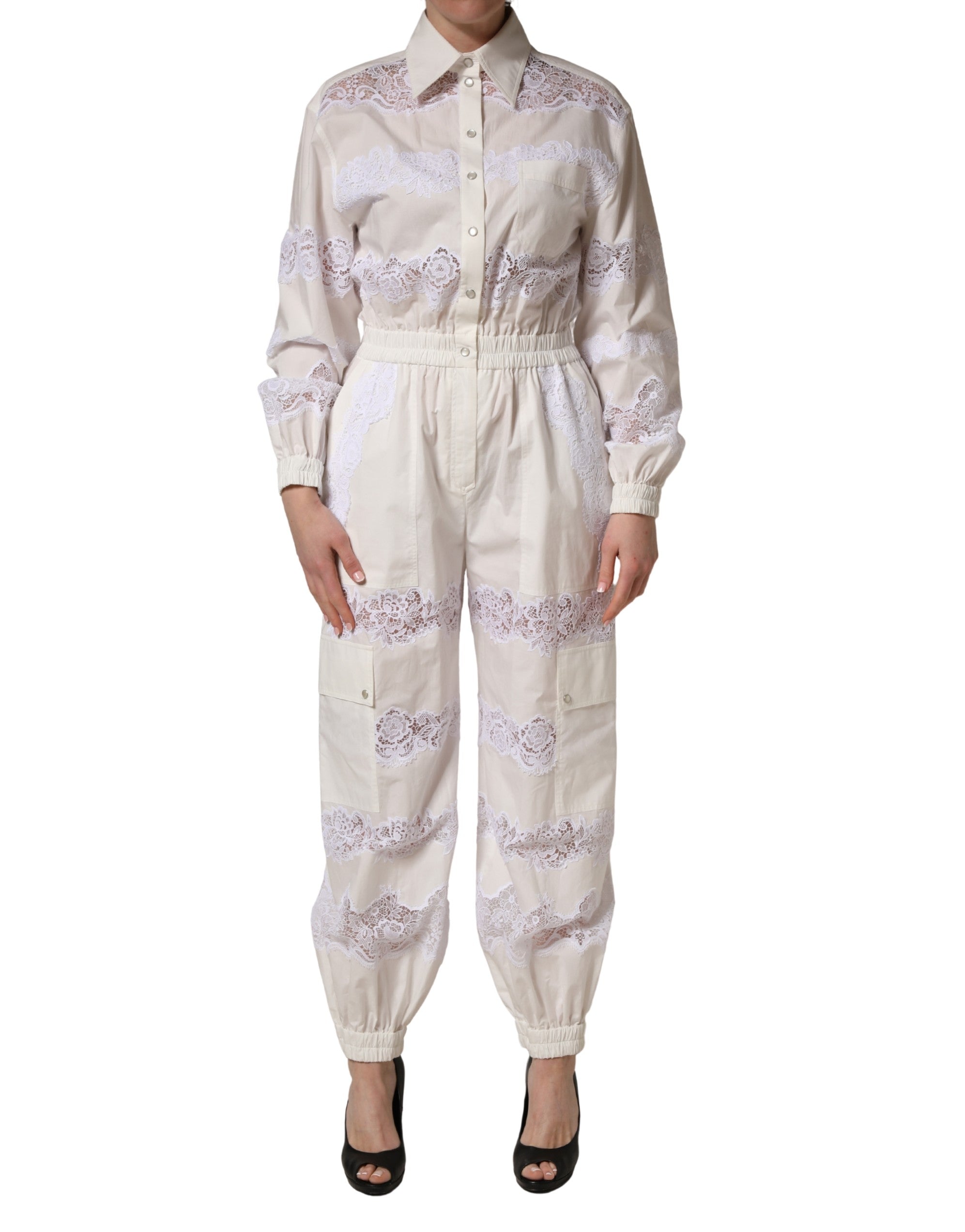 Dolce & Gabbana White Cotton Lace Trim Long Sleeves Women's Jumpsuit