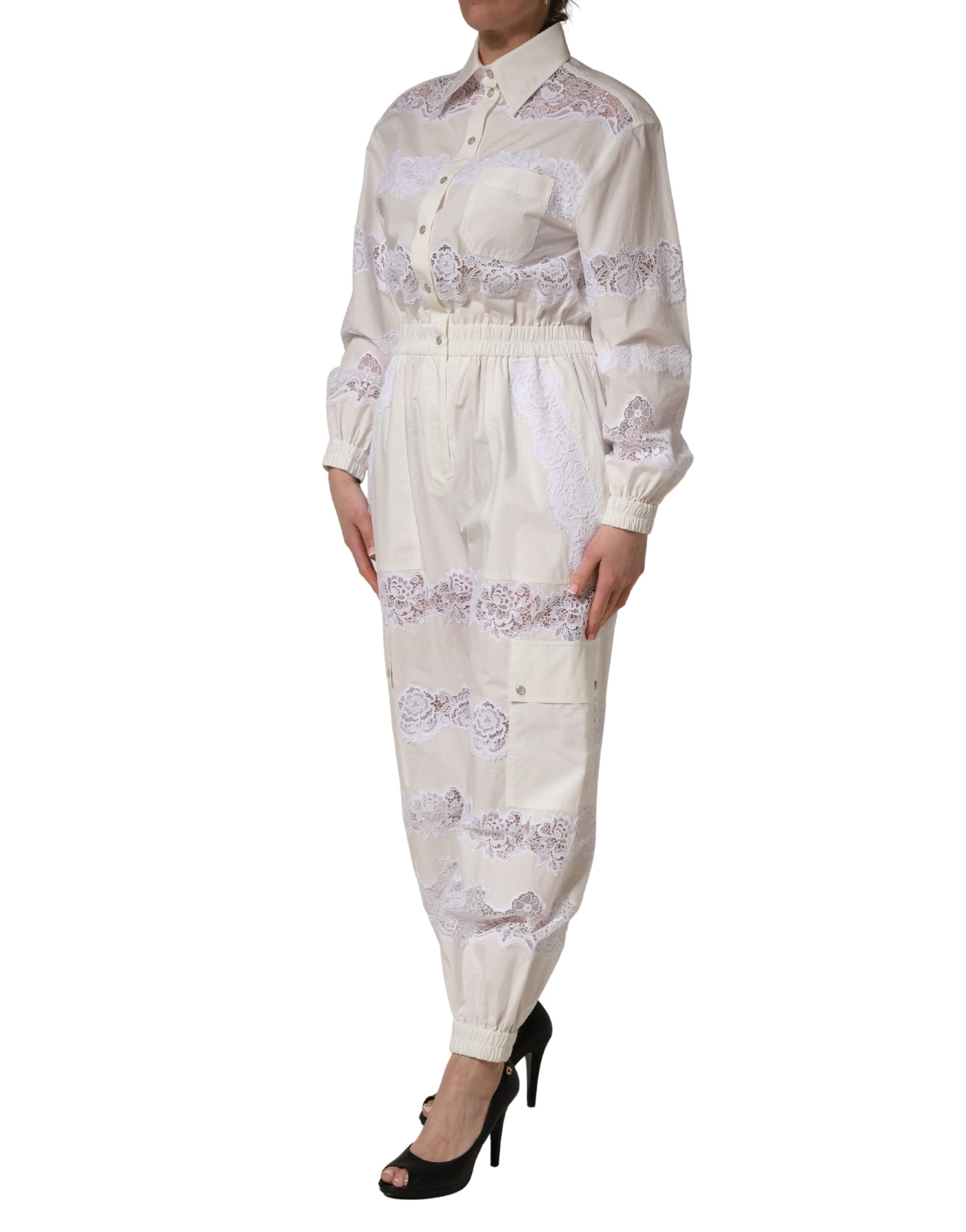 Dolce & Gabbana White Cotton Lace Trim Long Sleeves Women's Jumpsuit