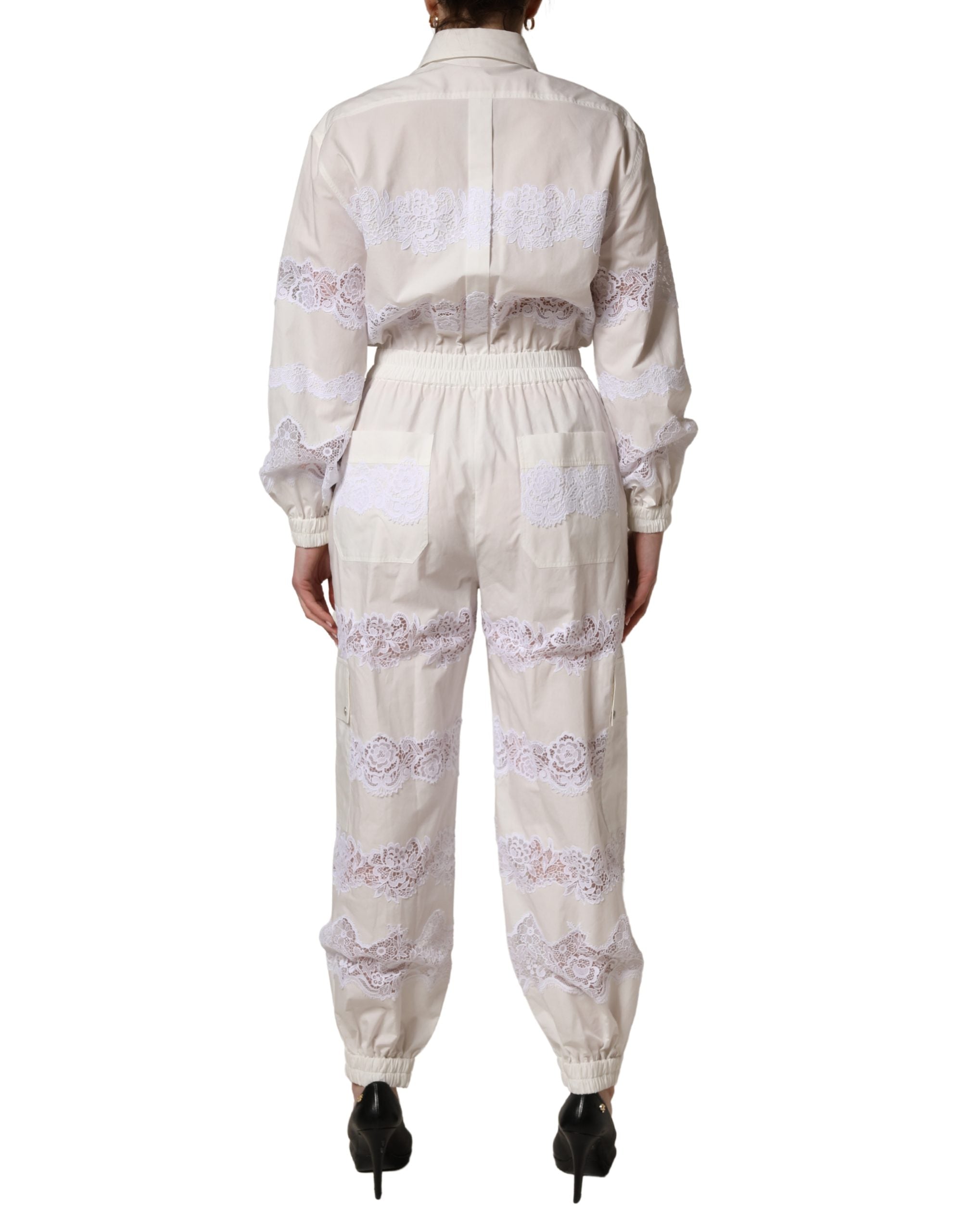 Dolce & Gabbana White Cotton Lace Trim Long Sleeves Women's Jumpsuit