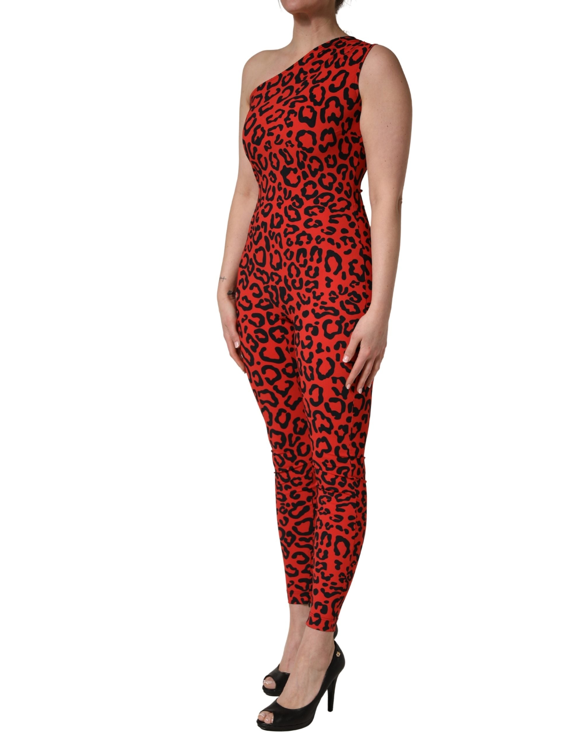 Dolce & Gabbana Black Red Nylon Leopard Pattern Women's Jumpsuit