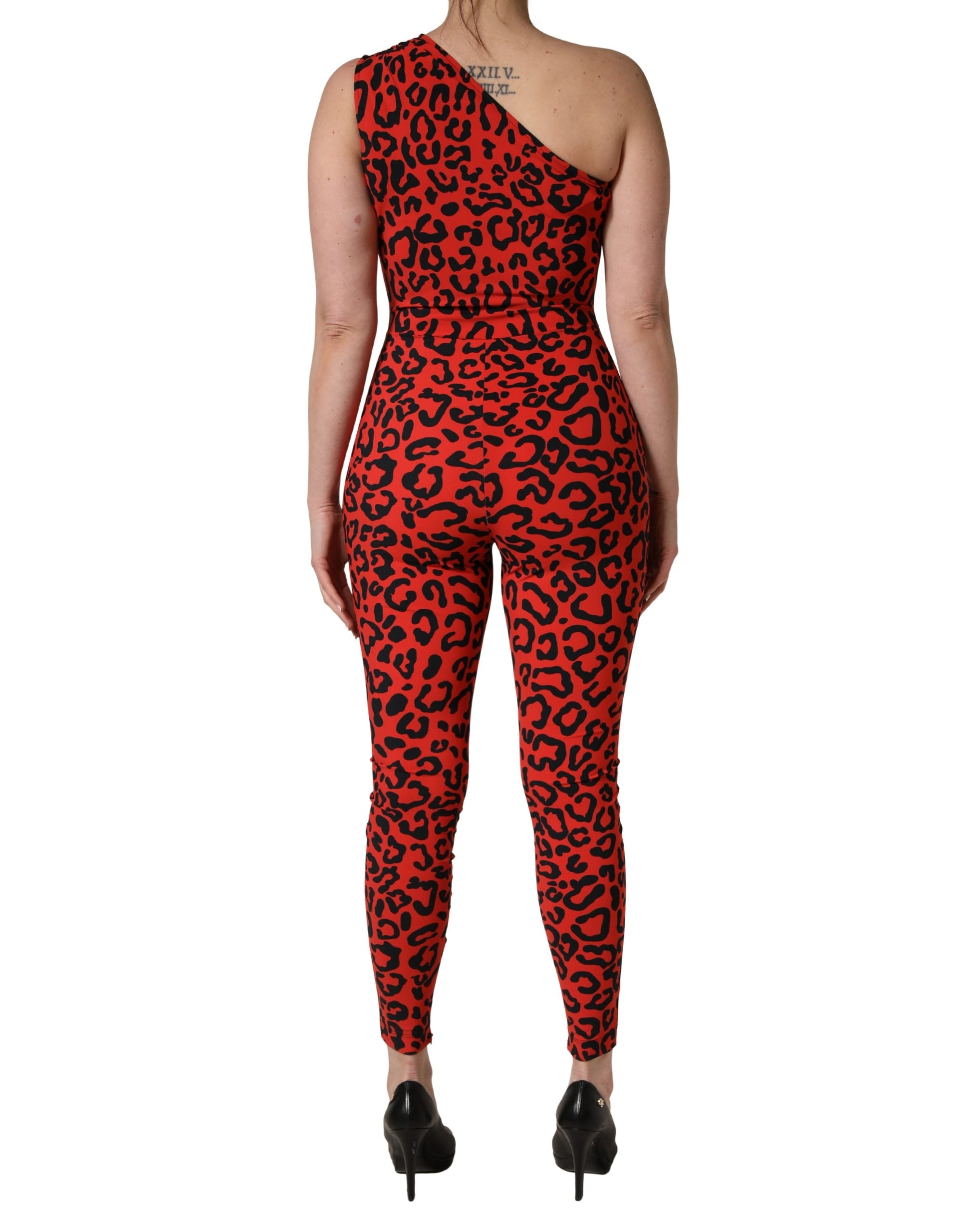 Dolce & Gabbana Black Red Nylon Leopard Pattern Women's Jumpsuit