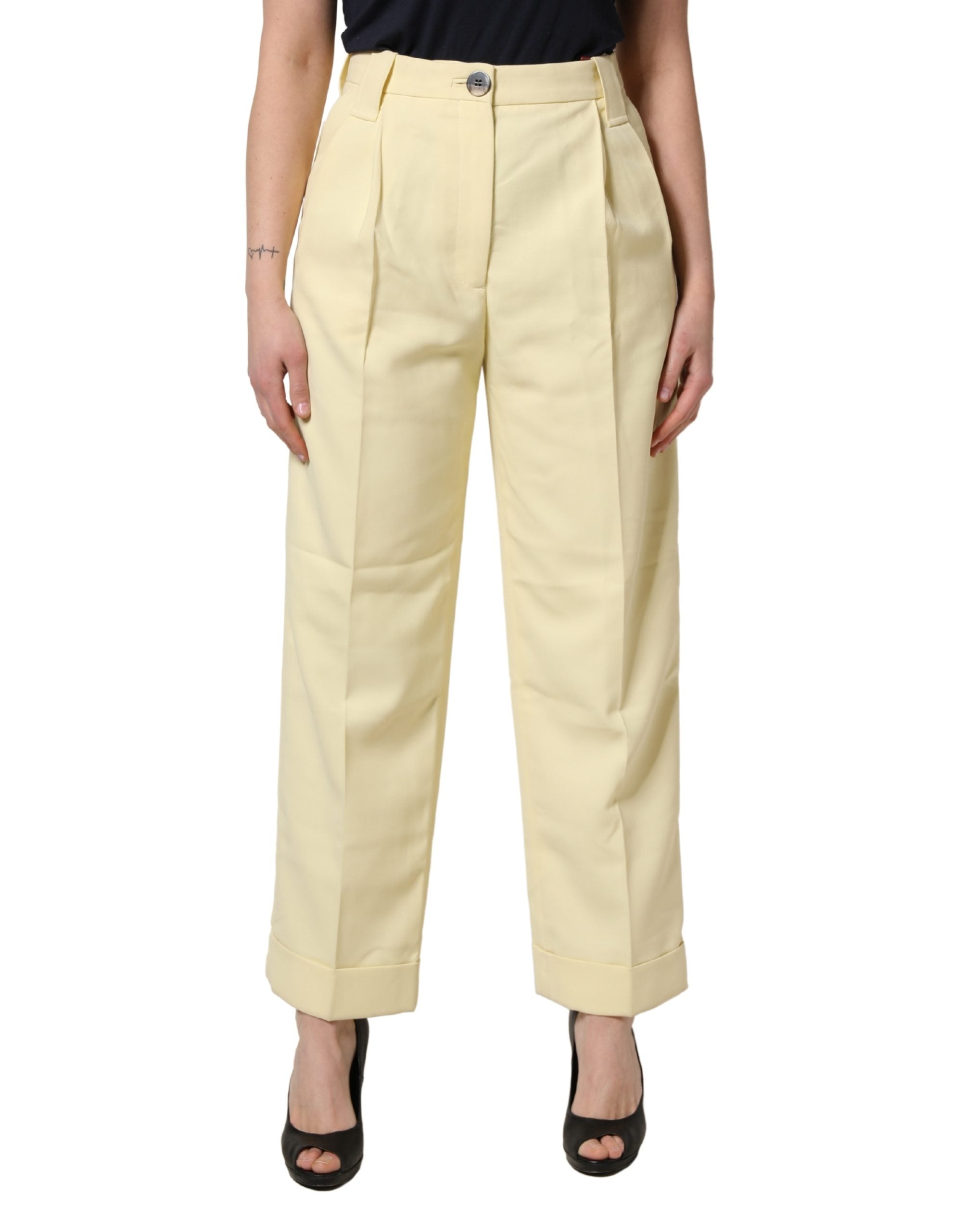 Ganni Yellow High Waisted Straight Pleated Trouser Women's Pants (Pre-Owned)