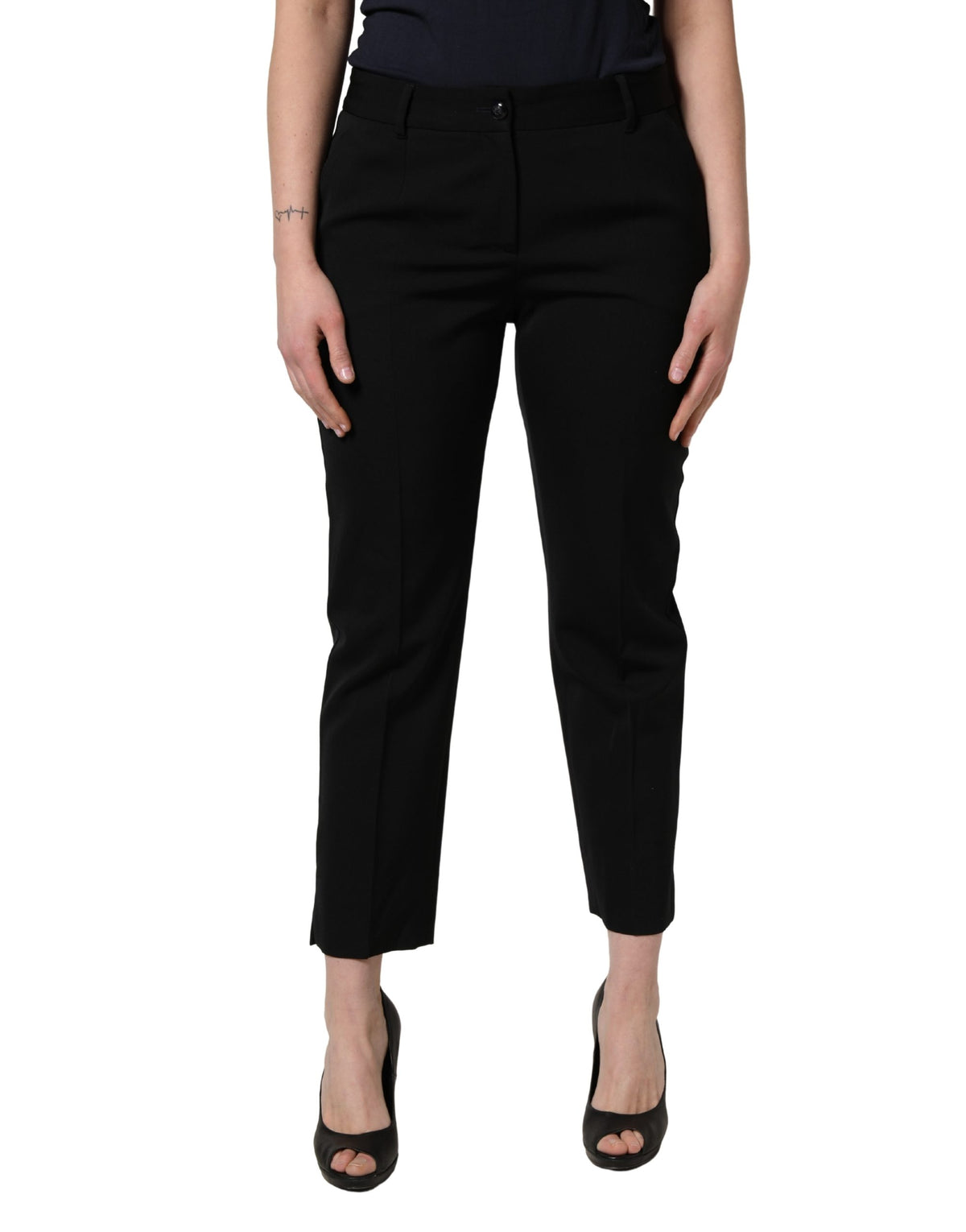 Dolce & Gabbana Black Wool High Waist Cropped Tapered Women's Pants (Pre-Owned)