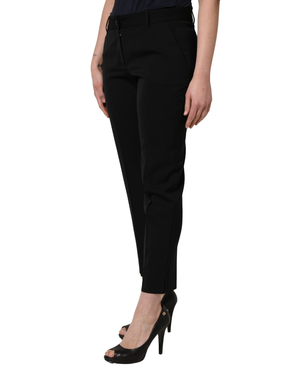 Dolce & Gabbana Black Wool High Waist Cropped Tapered Women's Pants (Pre-Owned)