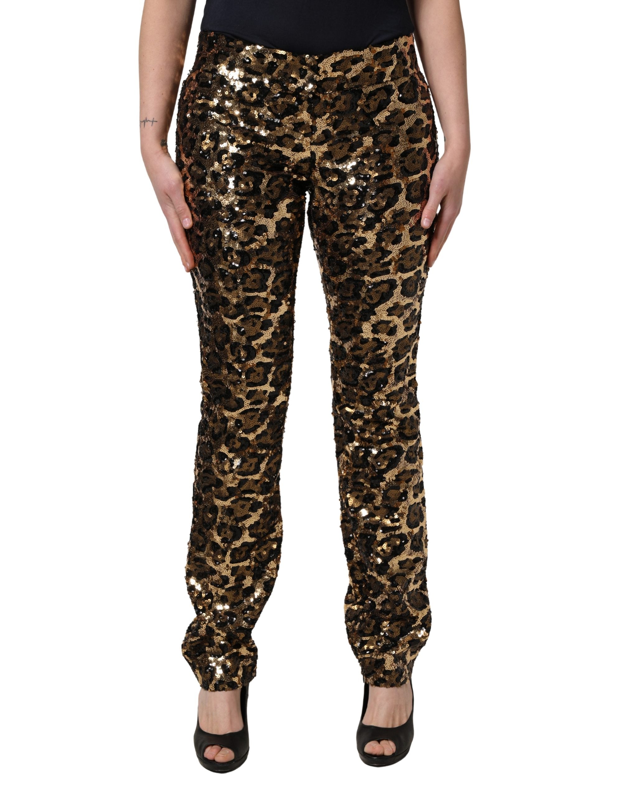 Dolce & Gabbana Gold Leopard Sequined Straight Trouser Women's Pants
