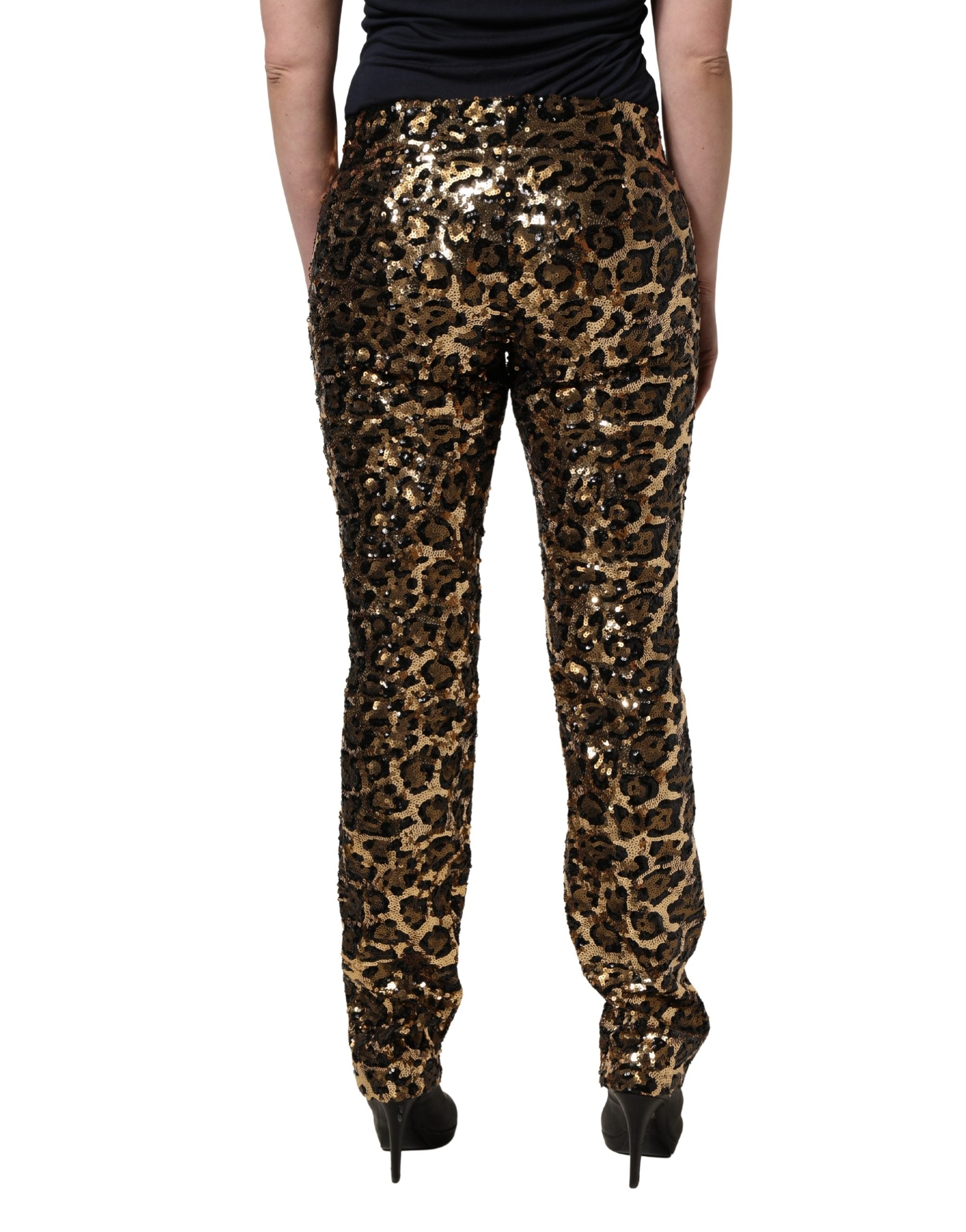Dolce & Gabbana Gold Leopard Sequined Straight Trouser Women's Pants