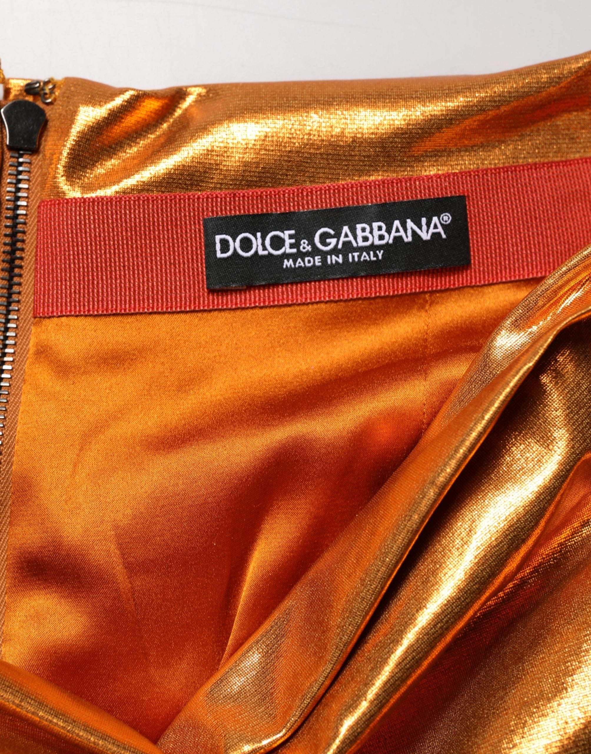 Dolce & Gabbana Metallic Orange Ruched Lame Bodycon Mini Women's Skirt