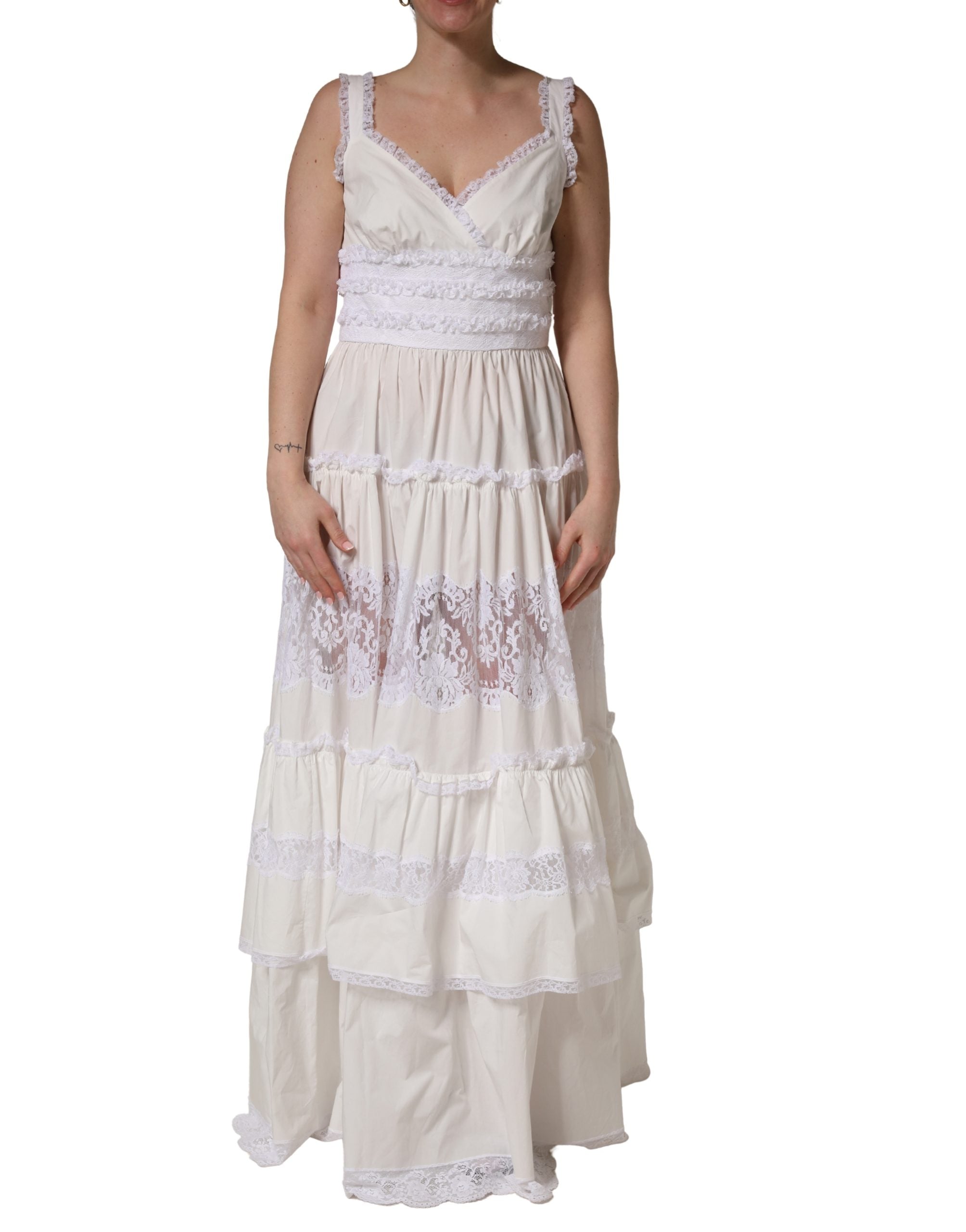 Dolce & Gabbana White Cotton Sleeveless Lace Maxi Women's Dress (Pre-Owned)