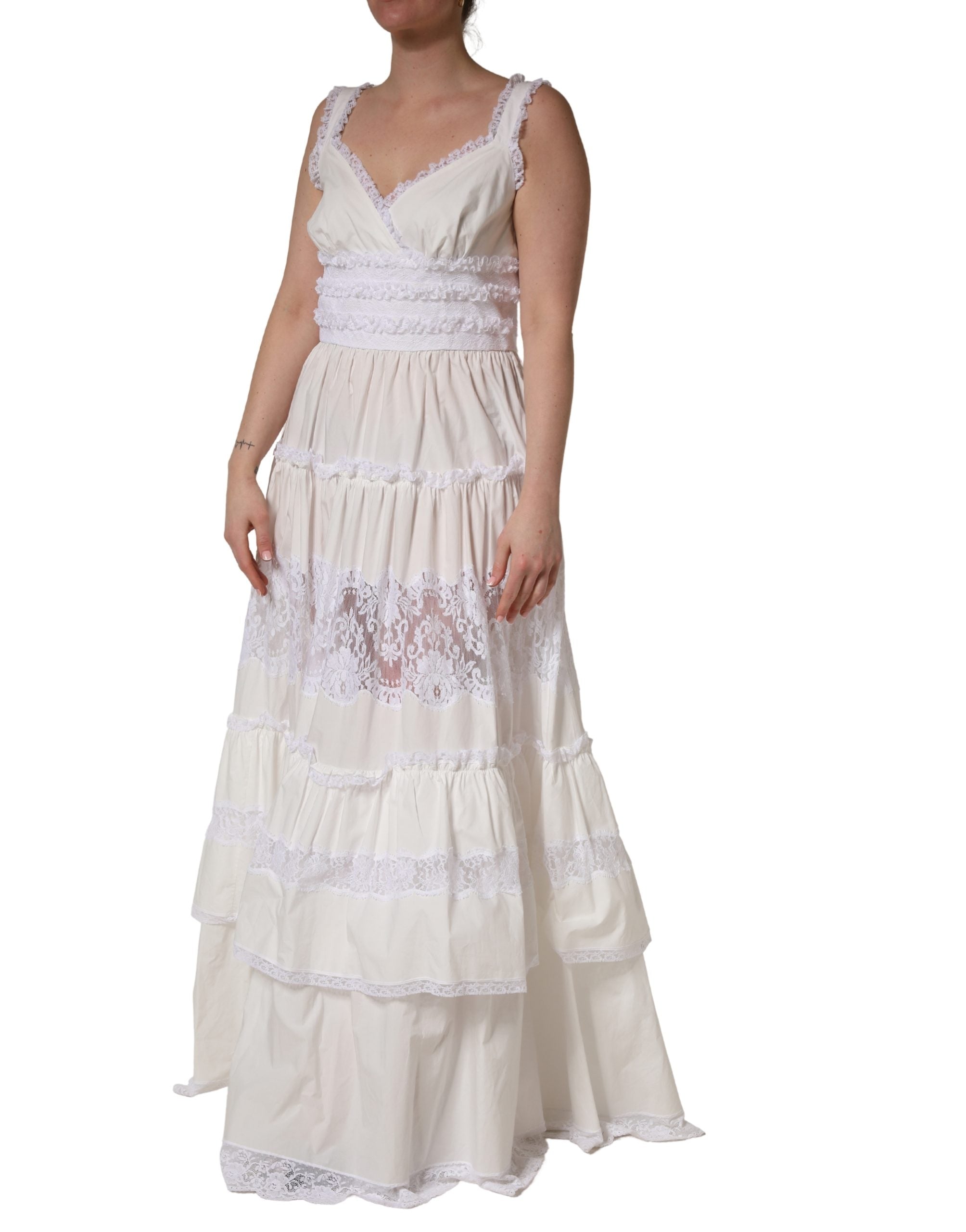 Dolce & Gabbana White Cotton Sleeveless Lace Maxi Women's Dress (Pre-Owned)