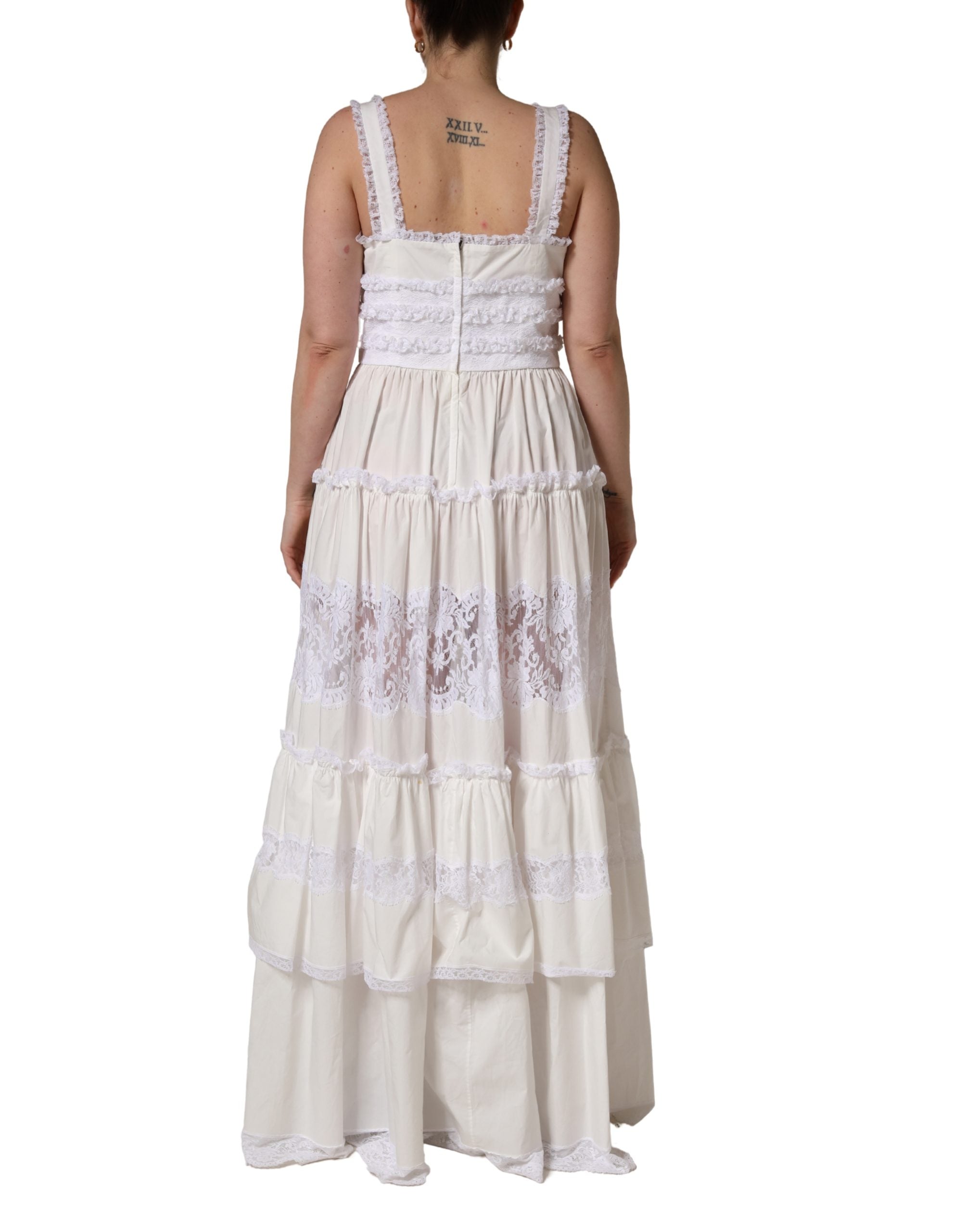 Dolce & Gabbana White Cotton Sleeveless Lace Maxi Women's Dress (Pre-Owned)