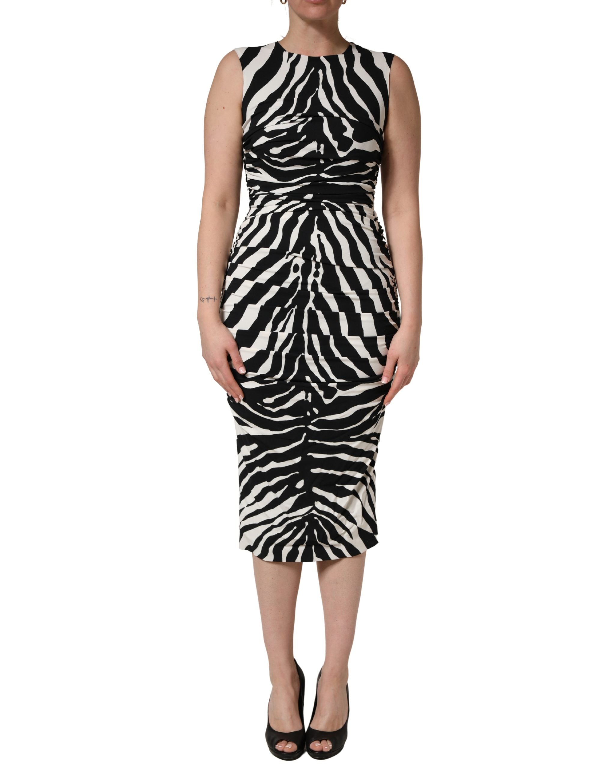 Dolce & Gabbana Black White Zebra Cady Calf Length Women's Dress