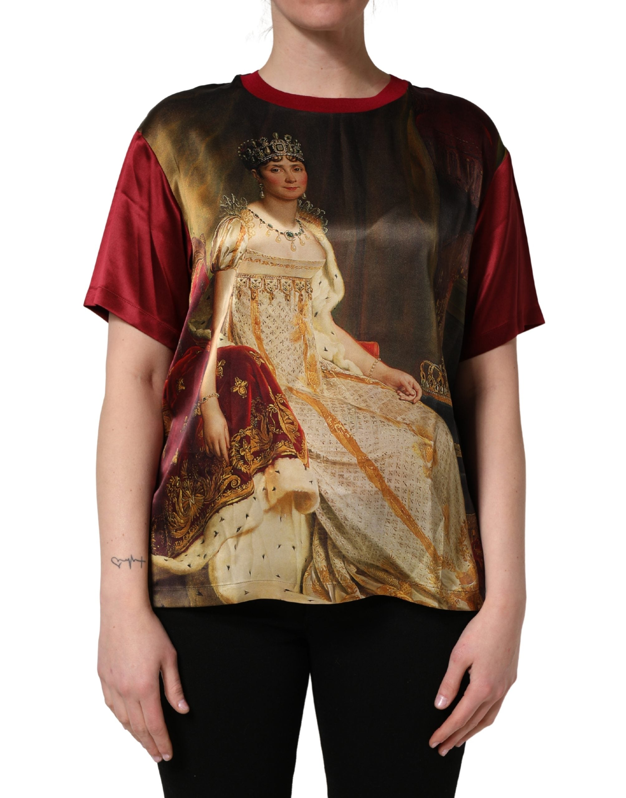 Dolce & Gabbana Maroon Royal Crown Dress Queen Painting Silk Women's T-shirt (Pre-Owned)