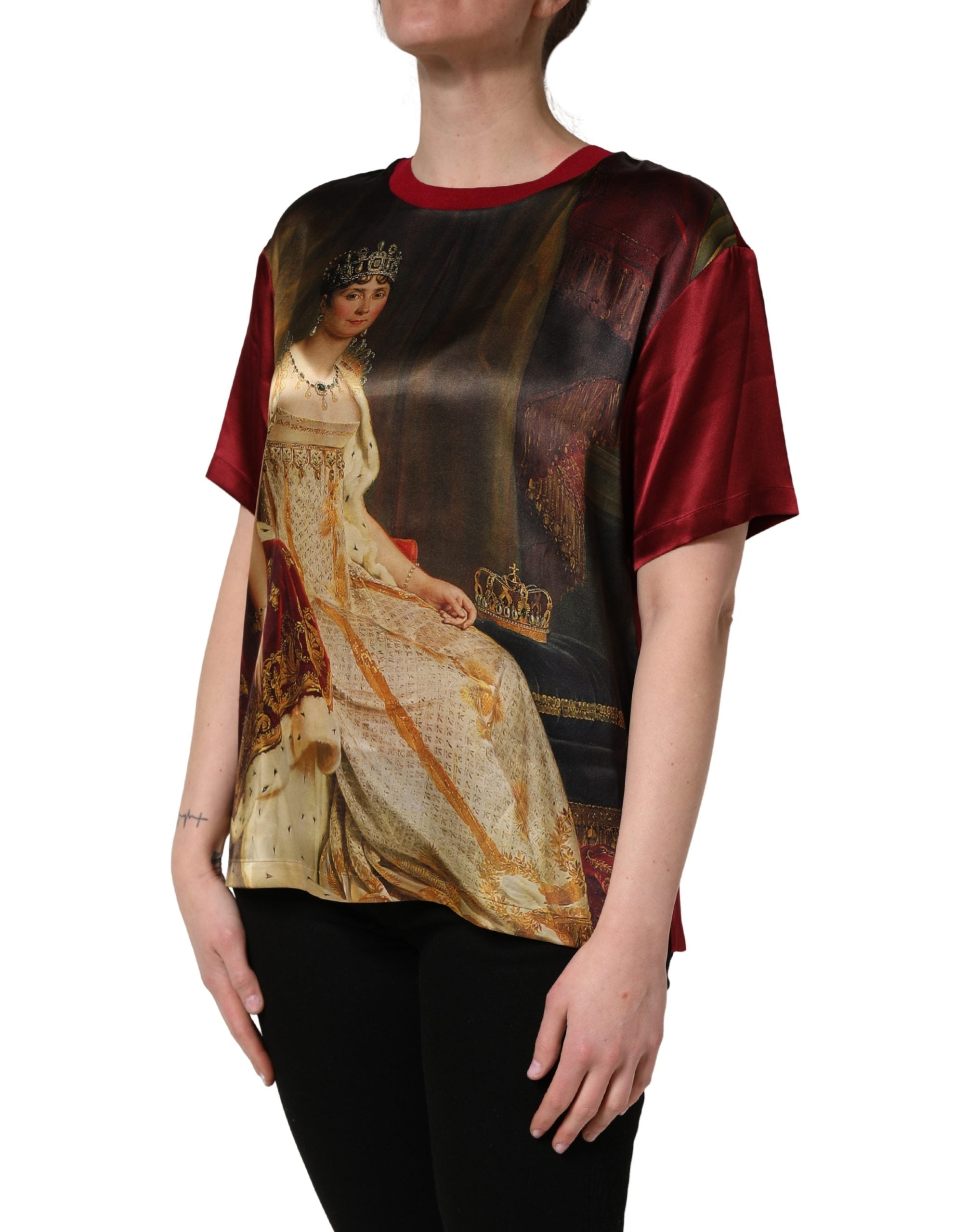 Dolce & Gabbana Maroon Royal Crown Dress Queen Painting Silk Women's T-shirt (Pre-Owned)