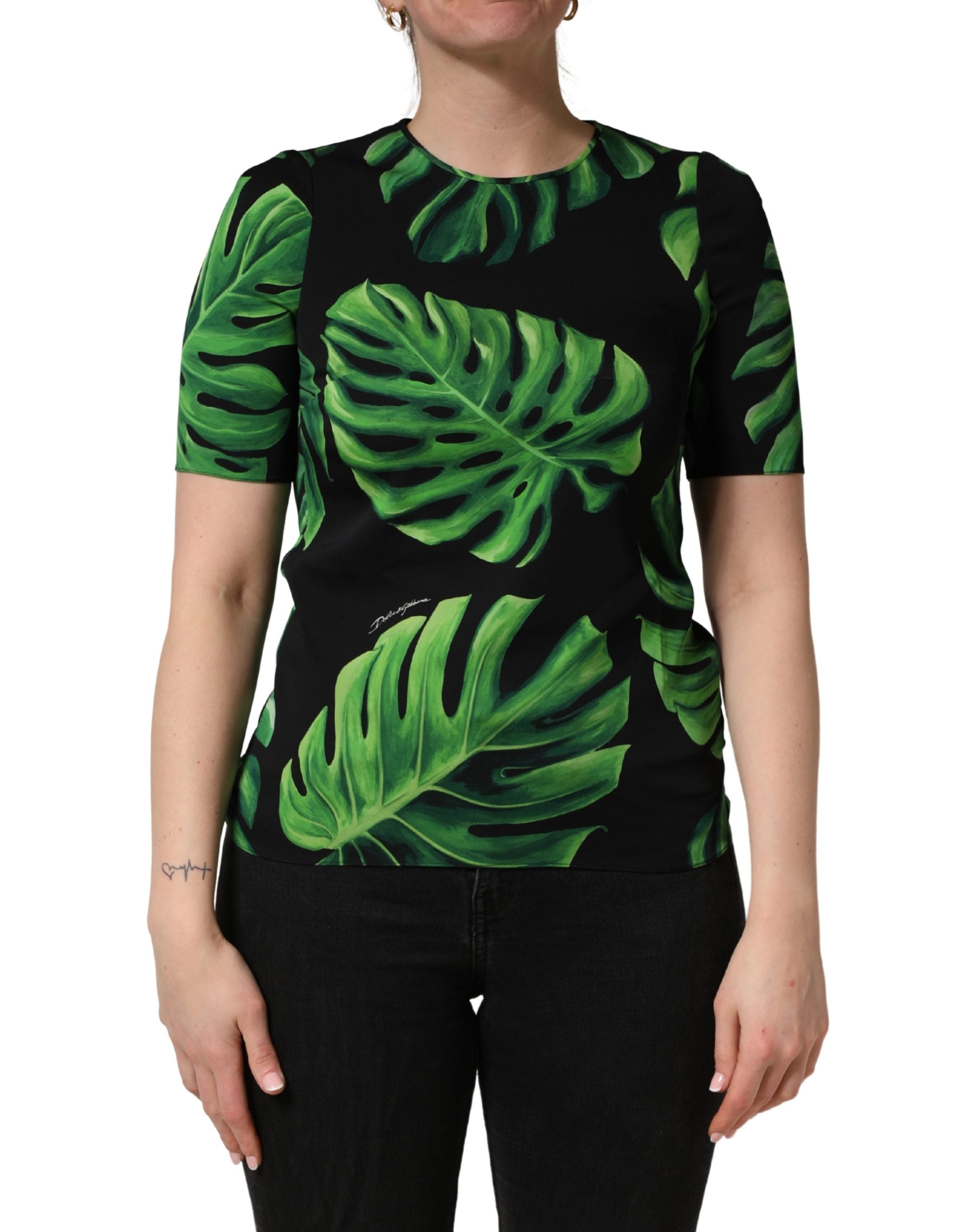 Dolce & Gabbana Black Philodendron Print Silk Blouse Women's Top