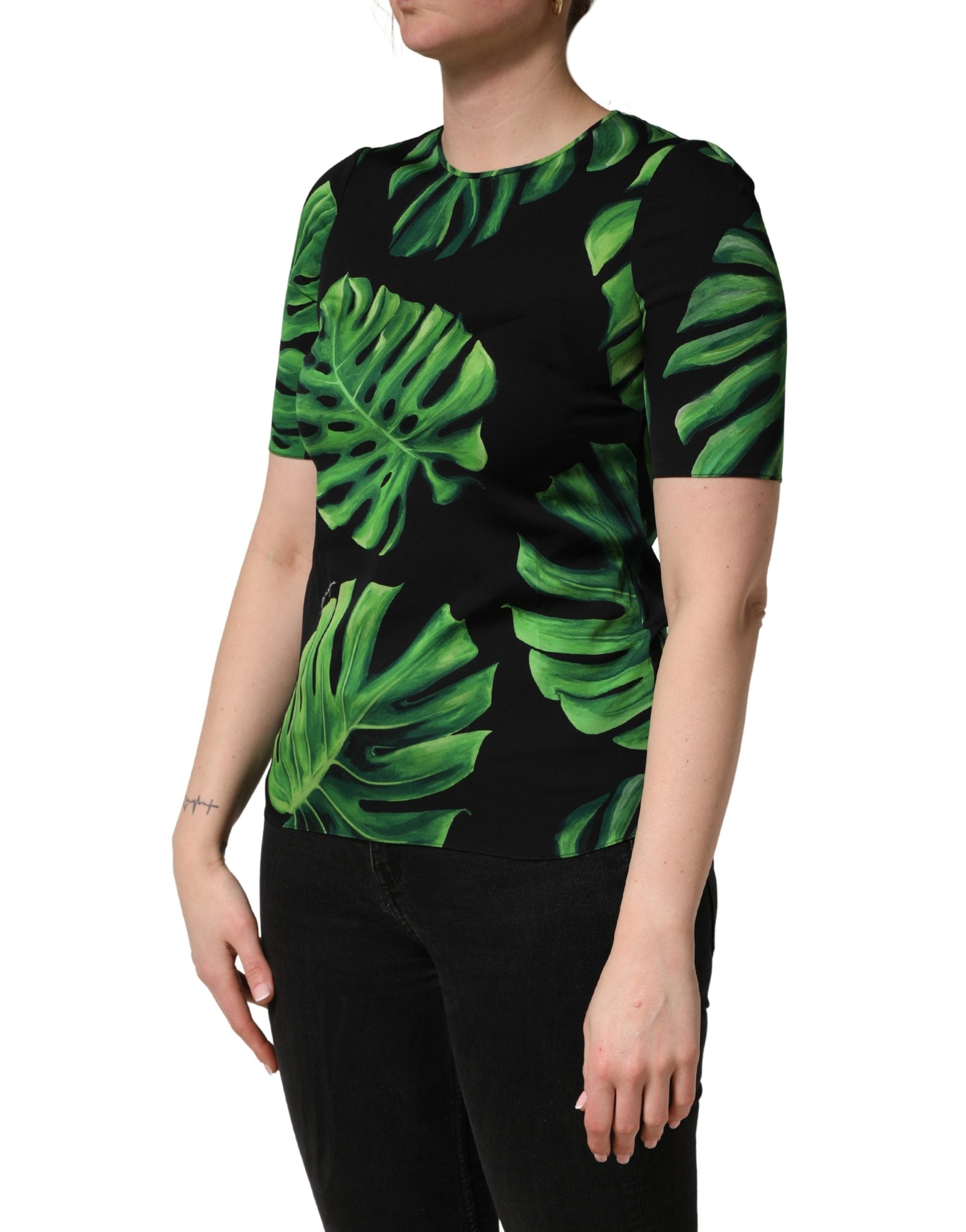 Dolce & Gabbana Black Philodendron Print Silk Blouse Women's Top