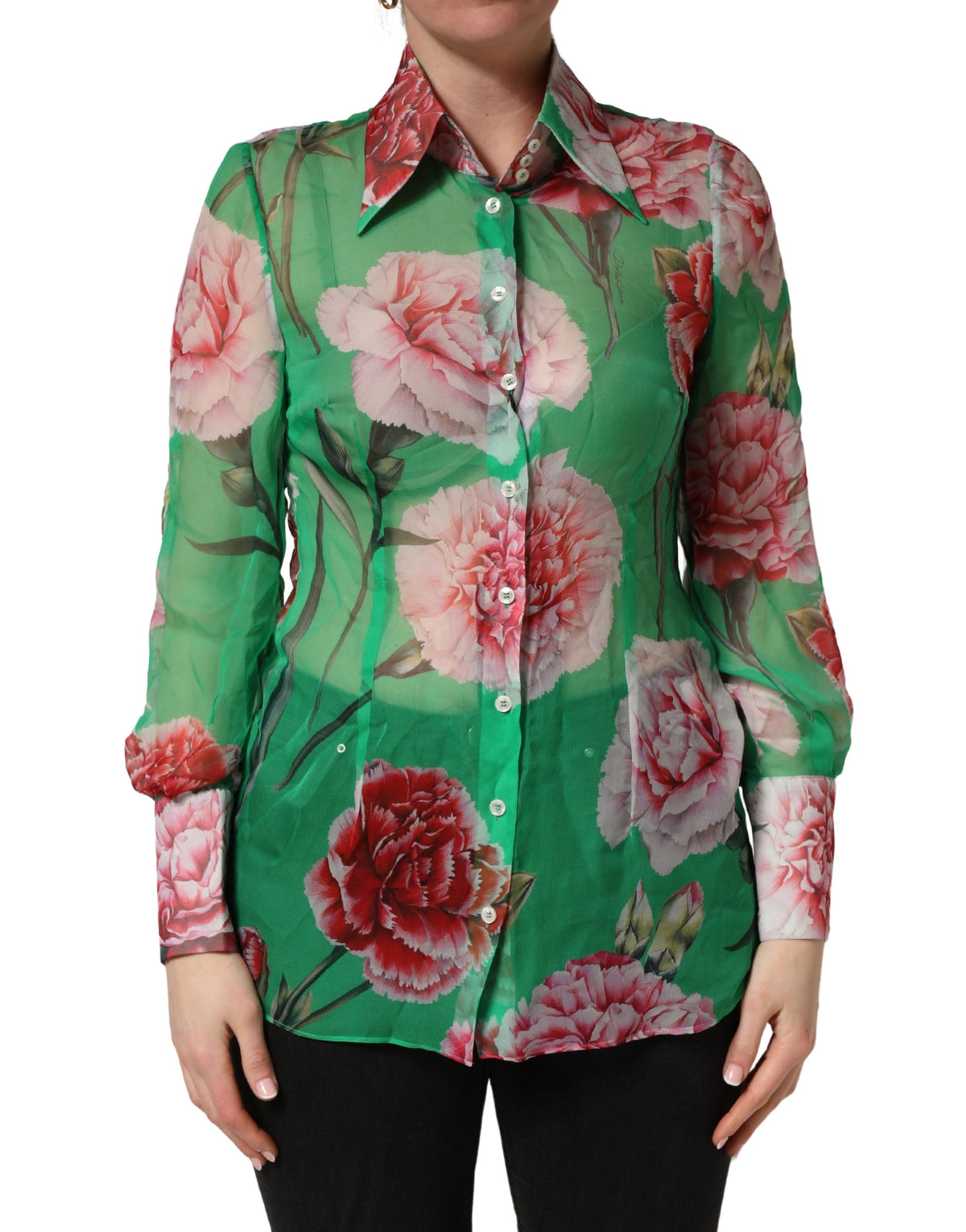Dolce & Gabbana Green CarnationPrint Silk Collared Blouse Women's Top (Pre-Owned)