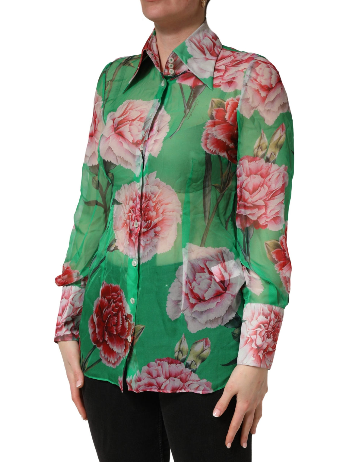 Dolce & Gabbana Green CarnationPrint Silk Collared Blouse Women's Top (Pre-Owned)