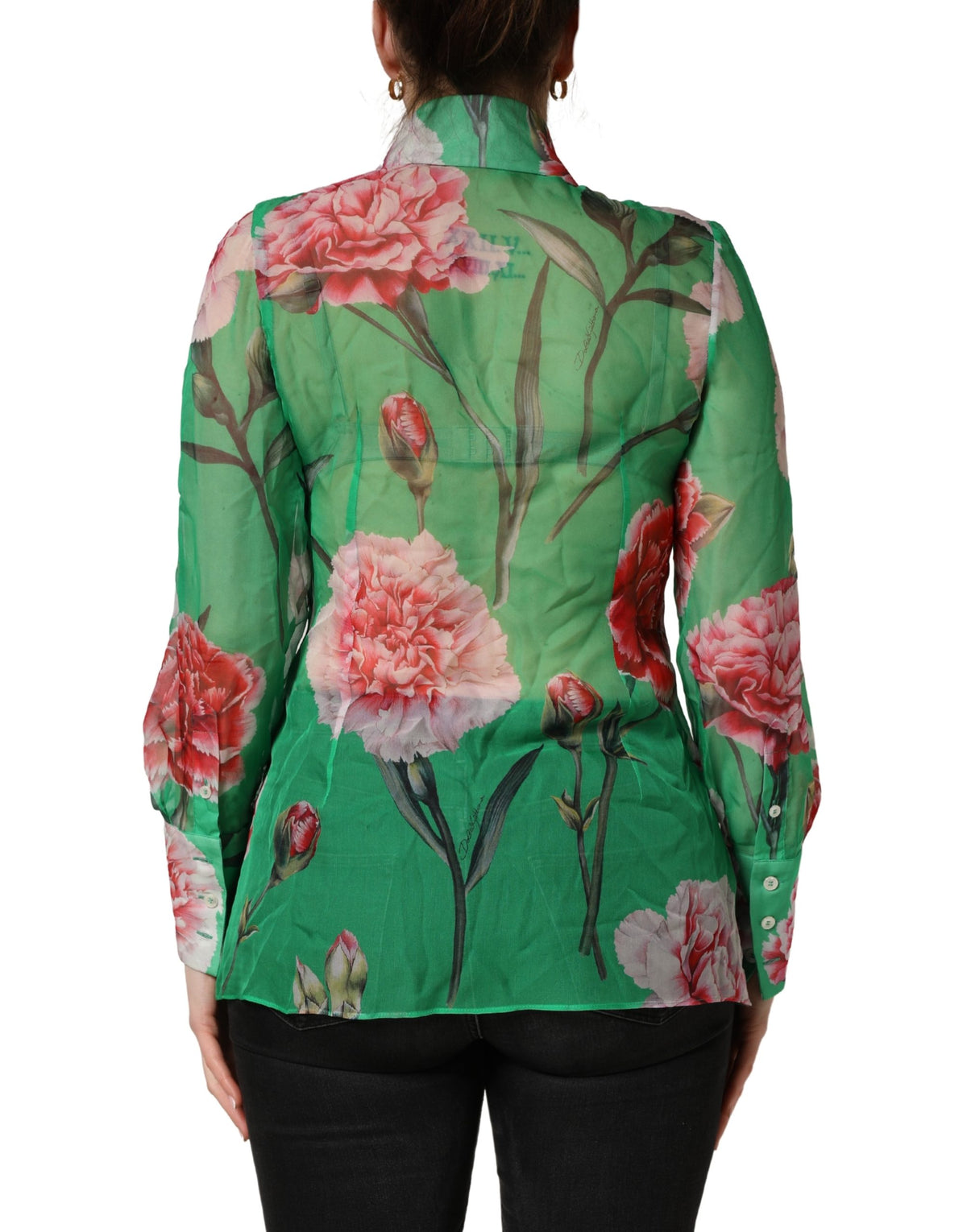 Dolce & Gabbana Green CarnationPrint Silk Collared Blouse Women's Top (Pre-Owned)