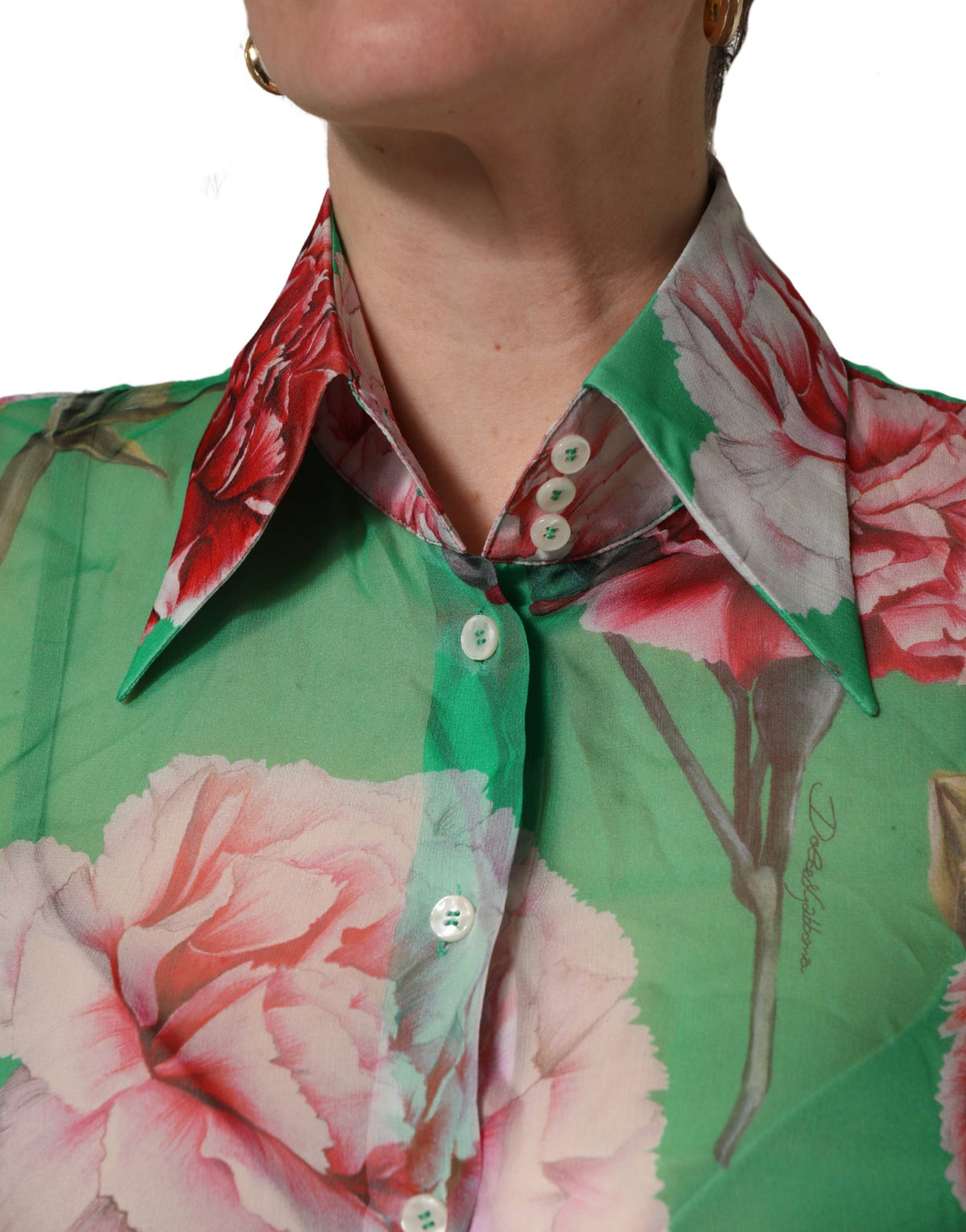Dolce & Gabbana Green CarnationPrint Silk Collared Blouse Women's Top (Pre-Owned)