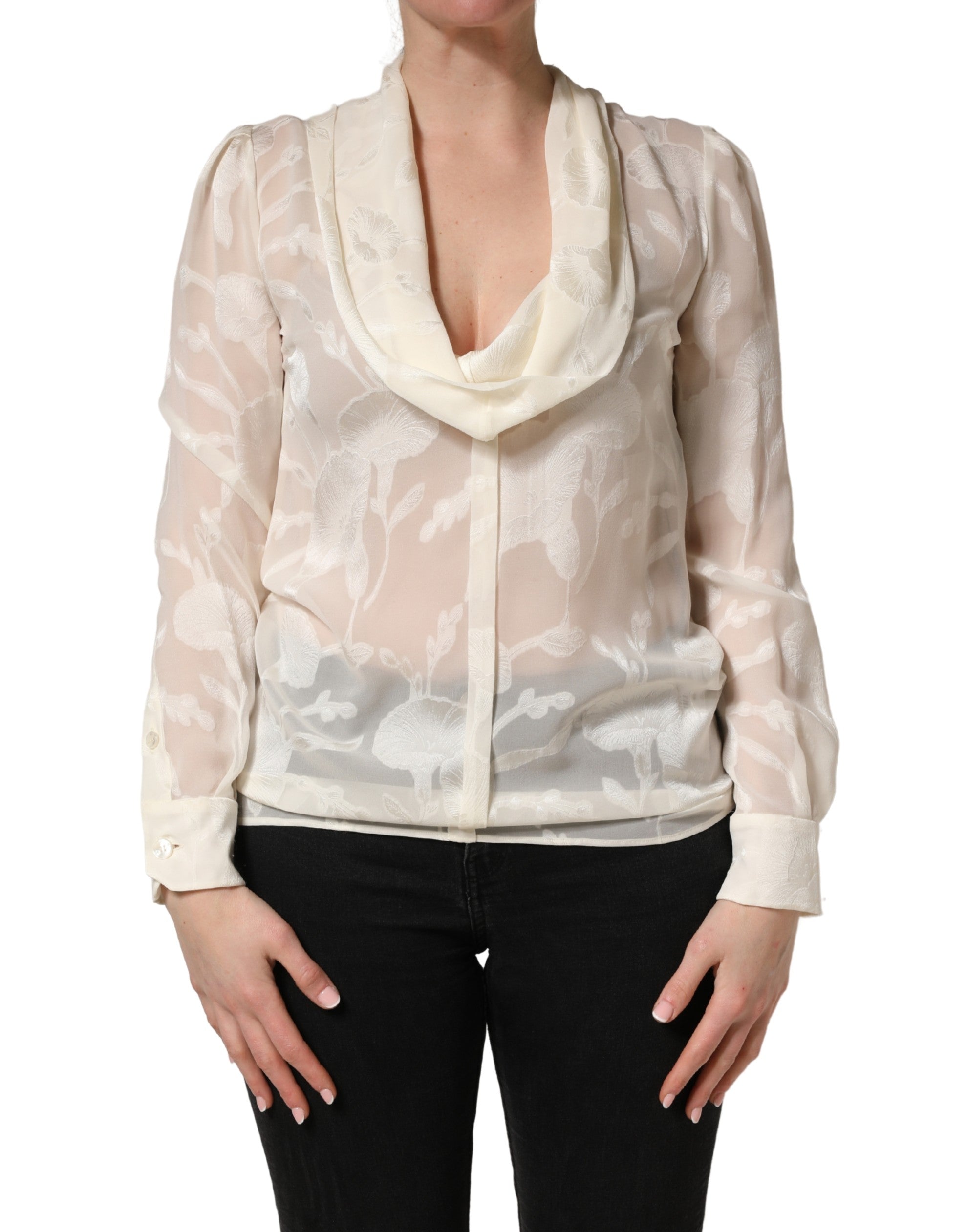 Dolce & Gabbana Off White Floral Semi Sheer Silk Blouse Women's Top