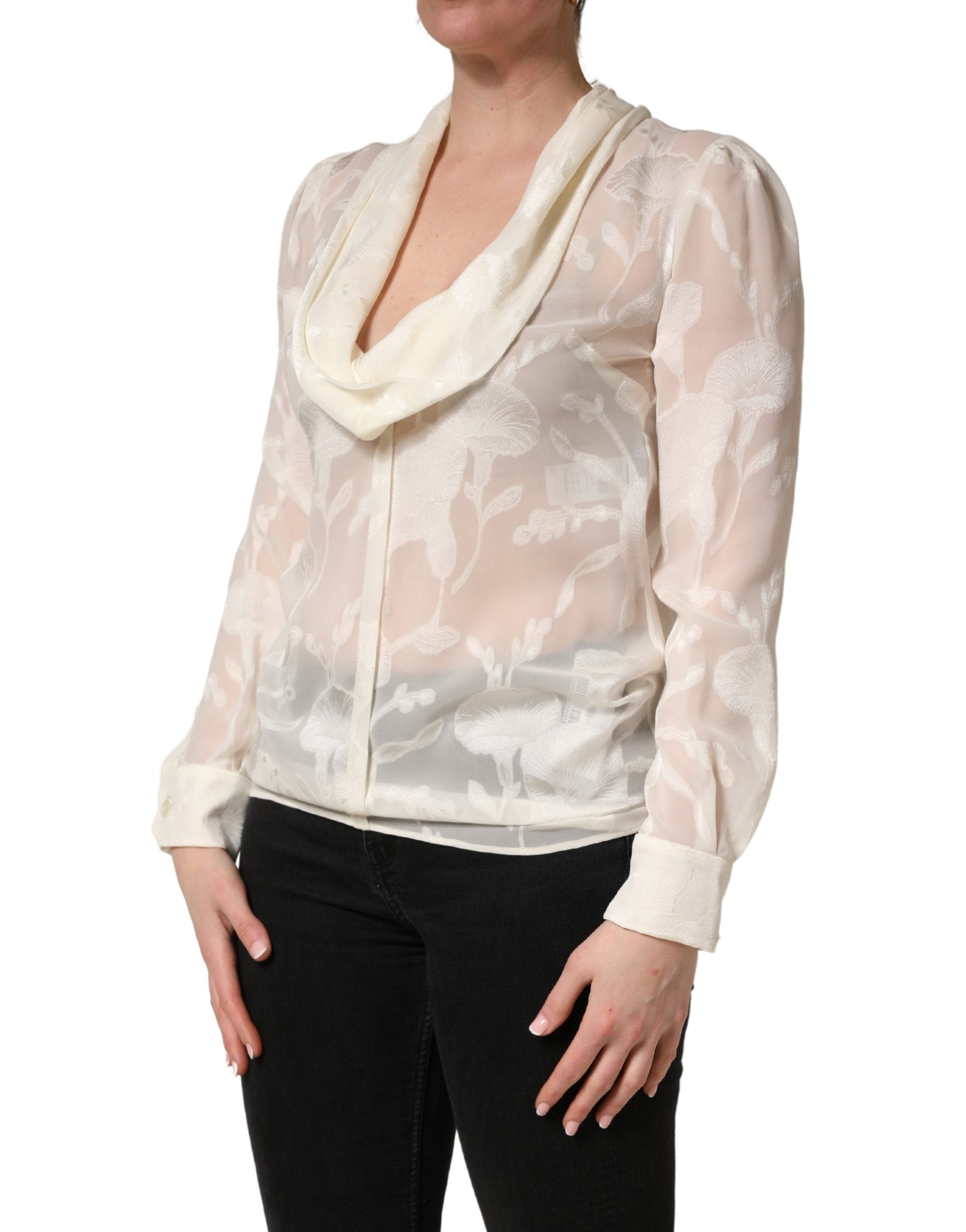 Dolce & Gabbana Off White Floral Semi Sheer Silk Blouse Women's Top