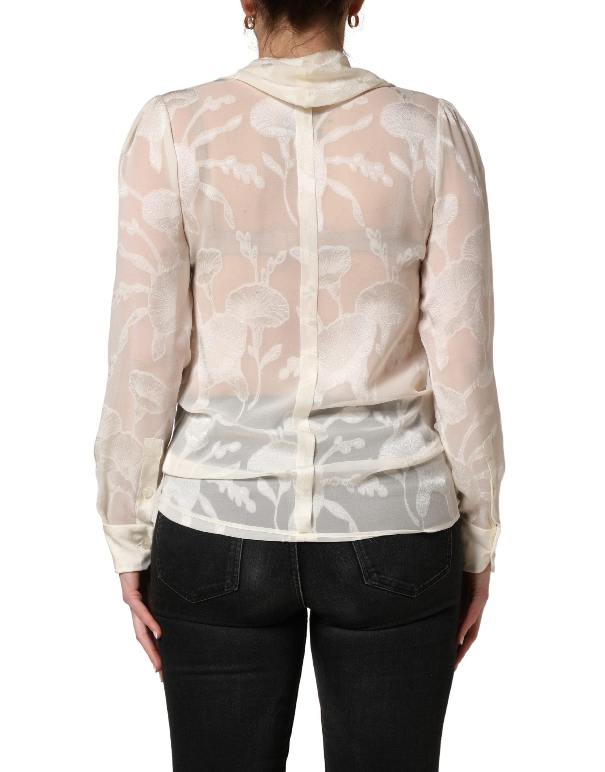 Dolce & Gabbana Off White Floral Semi Sheer Silk Blouse Women's Top