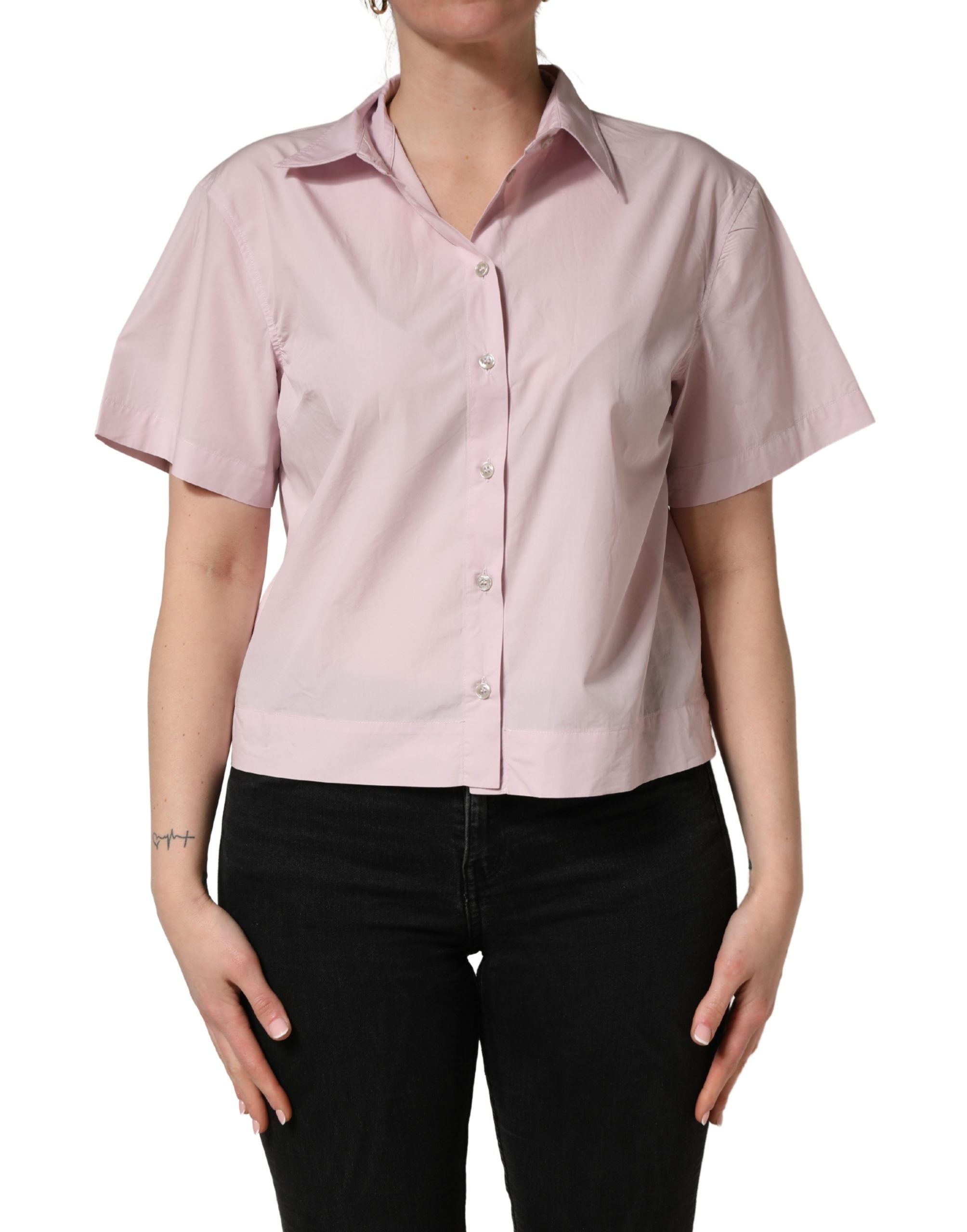 Dolce & Gabbana LightPink Cotton Collared Buttoned Blouse Women's Top (Pre-Owned)