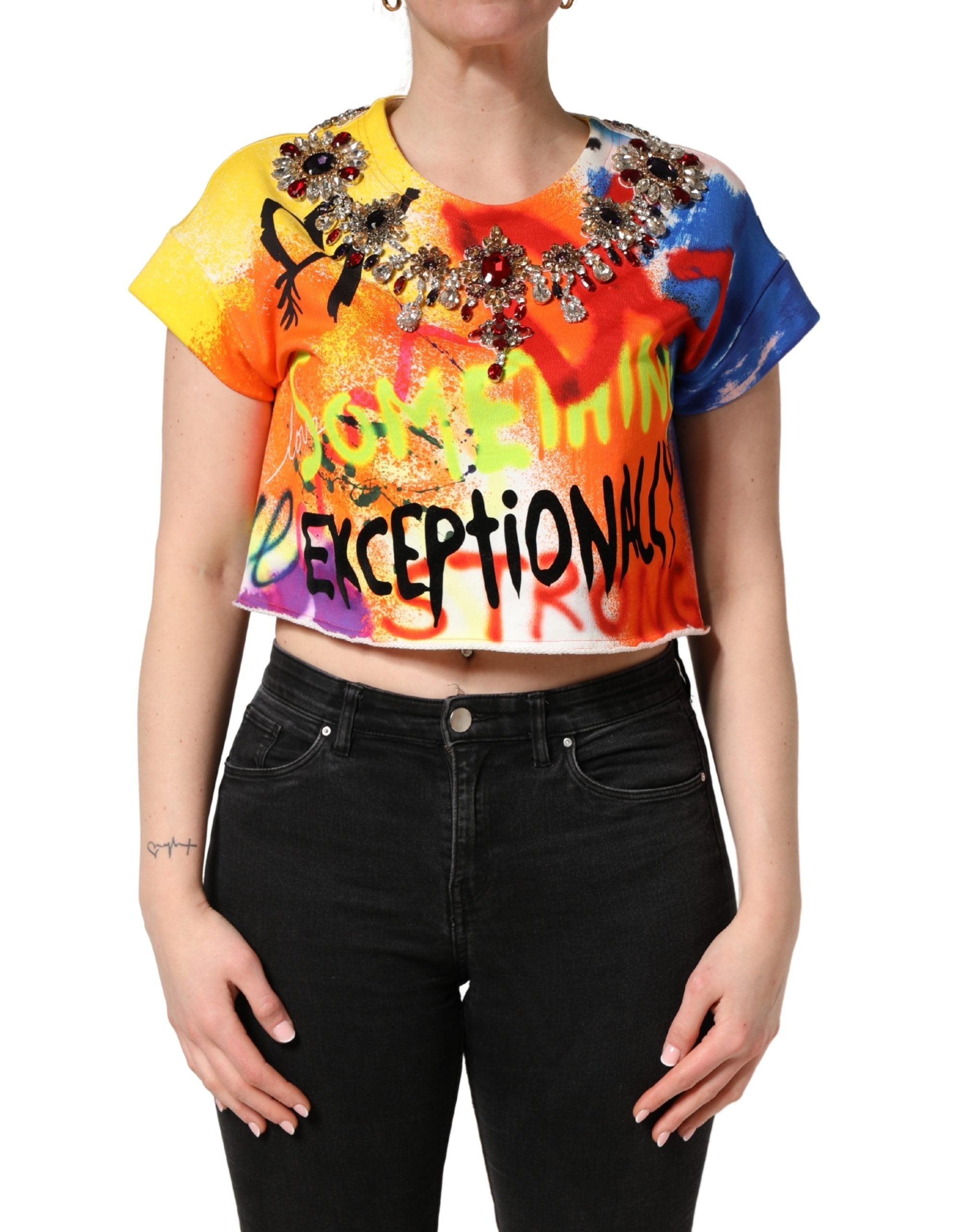 Dolce & Gabbana Multicolor Graffiti Crystals Crop Jersey Women's Top