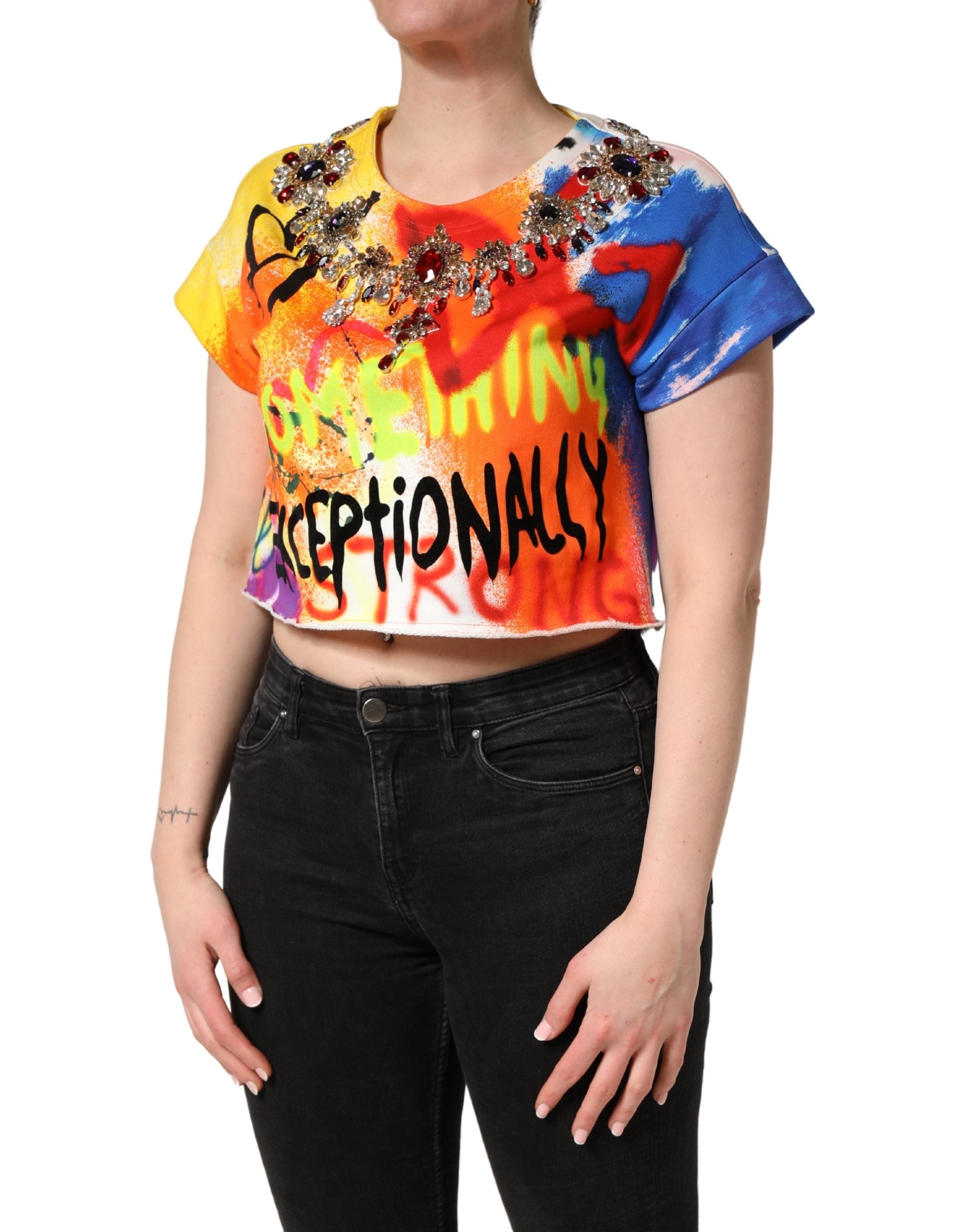 Dolce & Gabbana Multicolor Graffiti Crystals Crop Jersey Women's Top