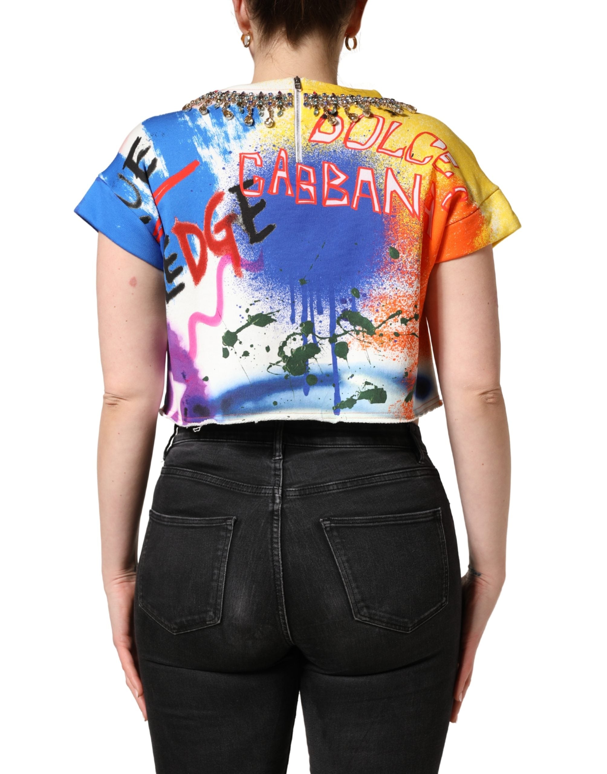 Dolce & Gabbana Multicolor Graffiti Crystals Crop Jersey Women's Top